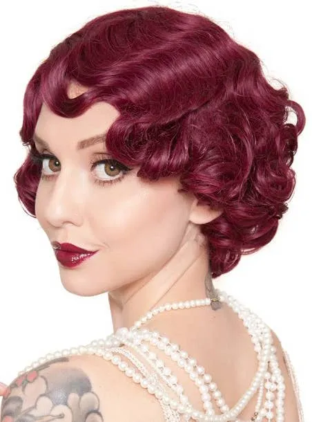 1920s Flapper Finger Waves Womens Burgundy Red Costume Wig