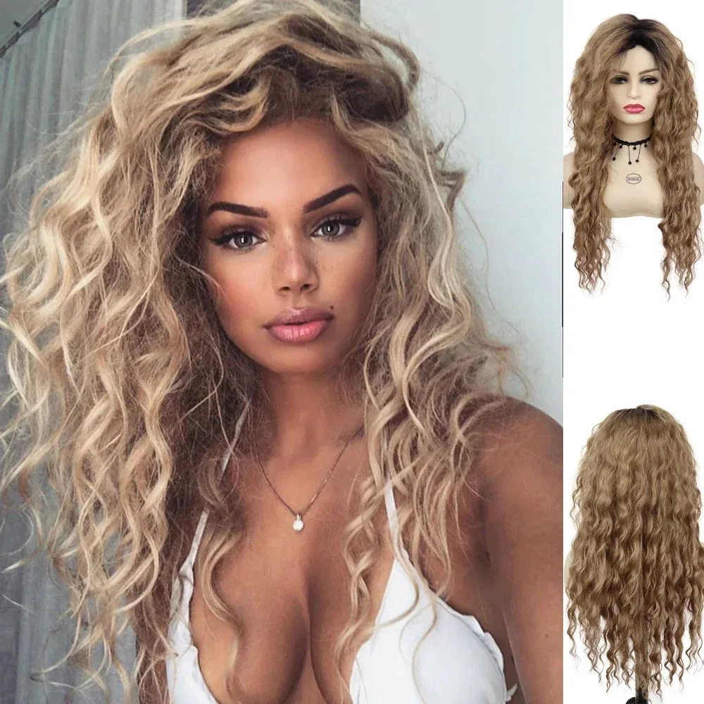 26" Long Curly Wig Synthetic Platinum Blonde Pink Wig Cosplay for Woman Water Wave Hair Natural Blend Wig with Bangs