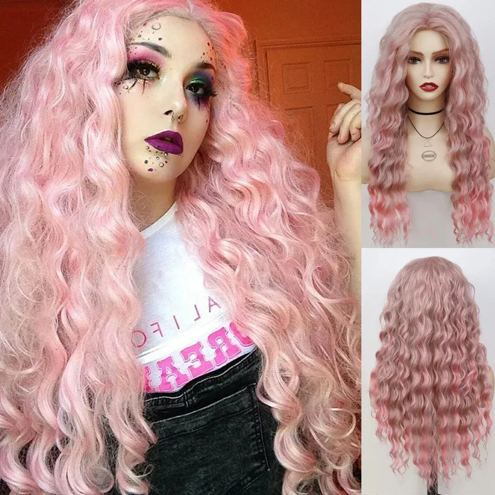 26" Long Curly Wig Synthetic Platinum Blonde Pink Wig Cosplay for Woman Water Wave Hair Natural Blend Wig with Bangs