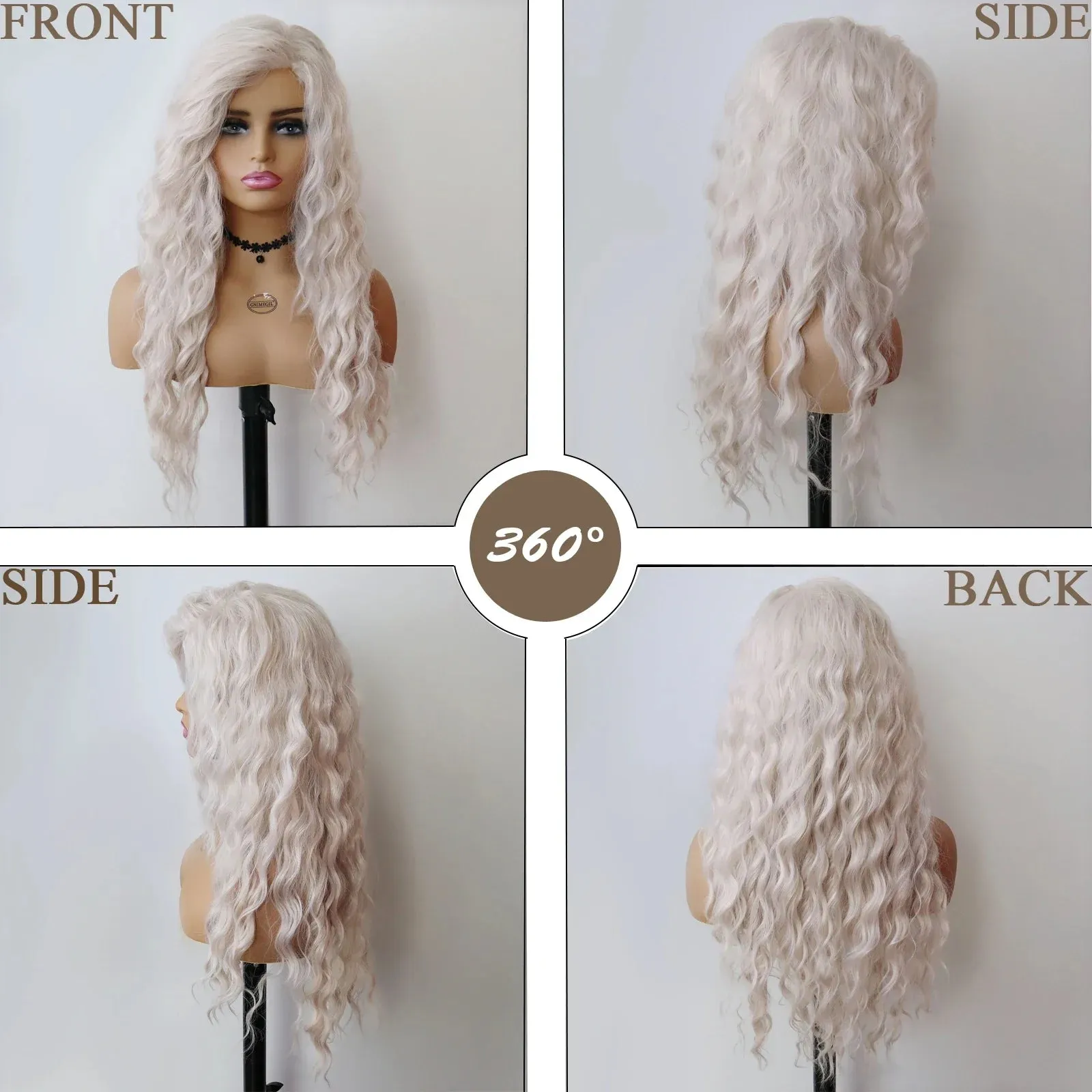 26" Long Curly Wig Synthetic Platinum Blonde Pink Wig Cosplay for Woman Water Wave Hair Natural Blend Wig with Bangs