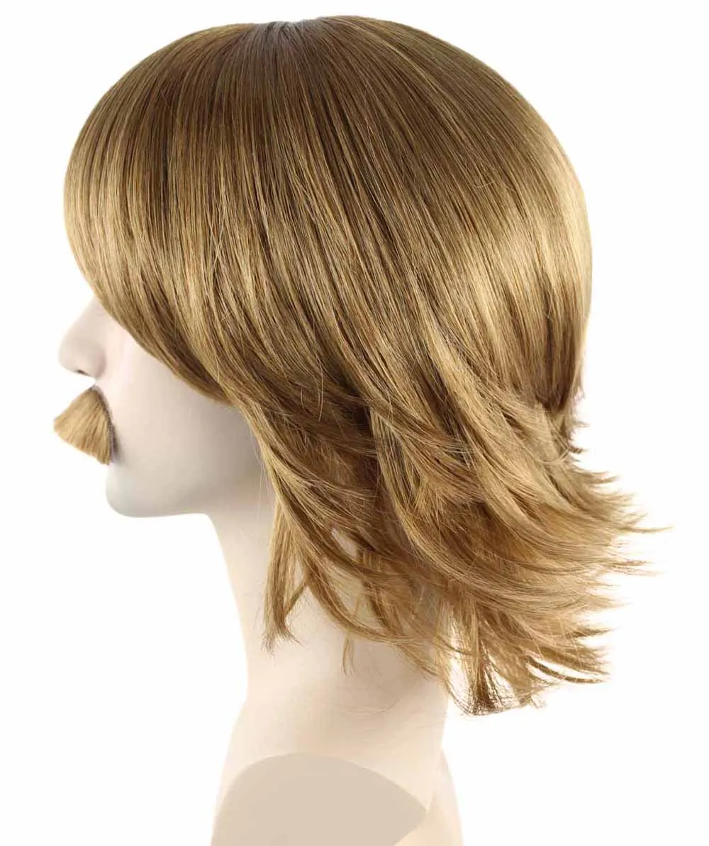 70's Disco Mens Wig & Mustache | Gold Retro Wig | Premium Breathable Capless Cap