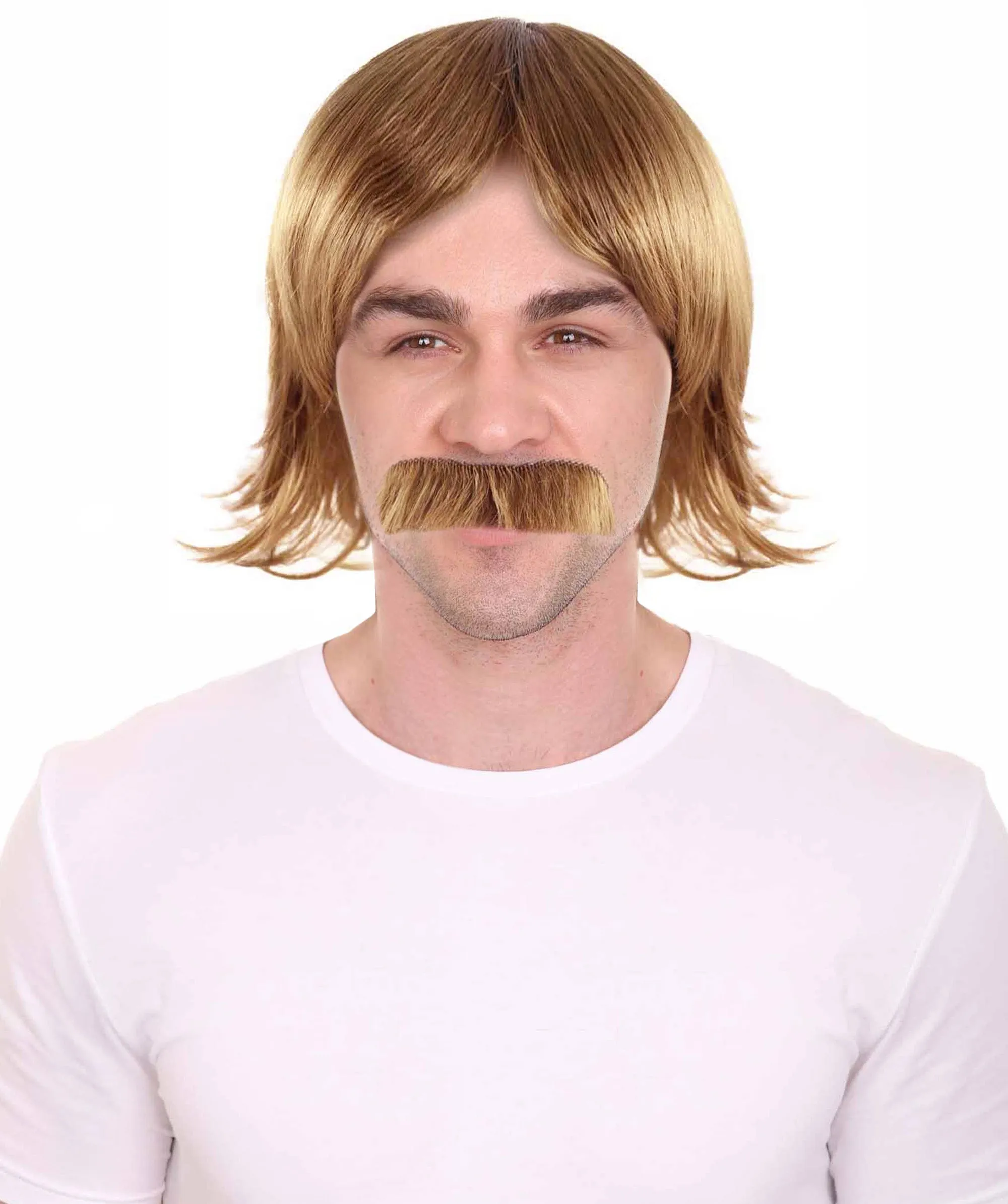 70's Disco Mens Wig & Mustache | Gold Retro Wig | Premium Breathable Capless Cap