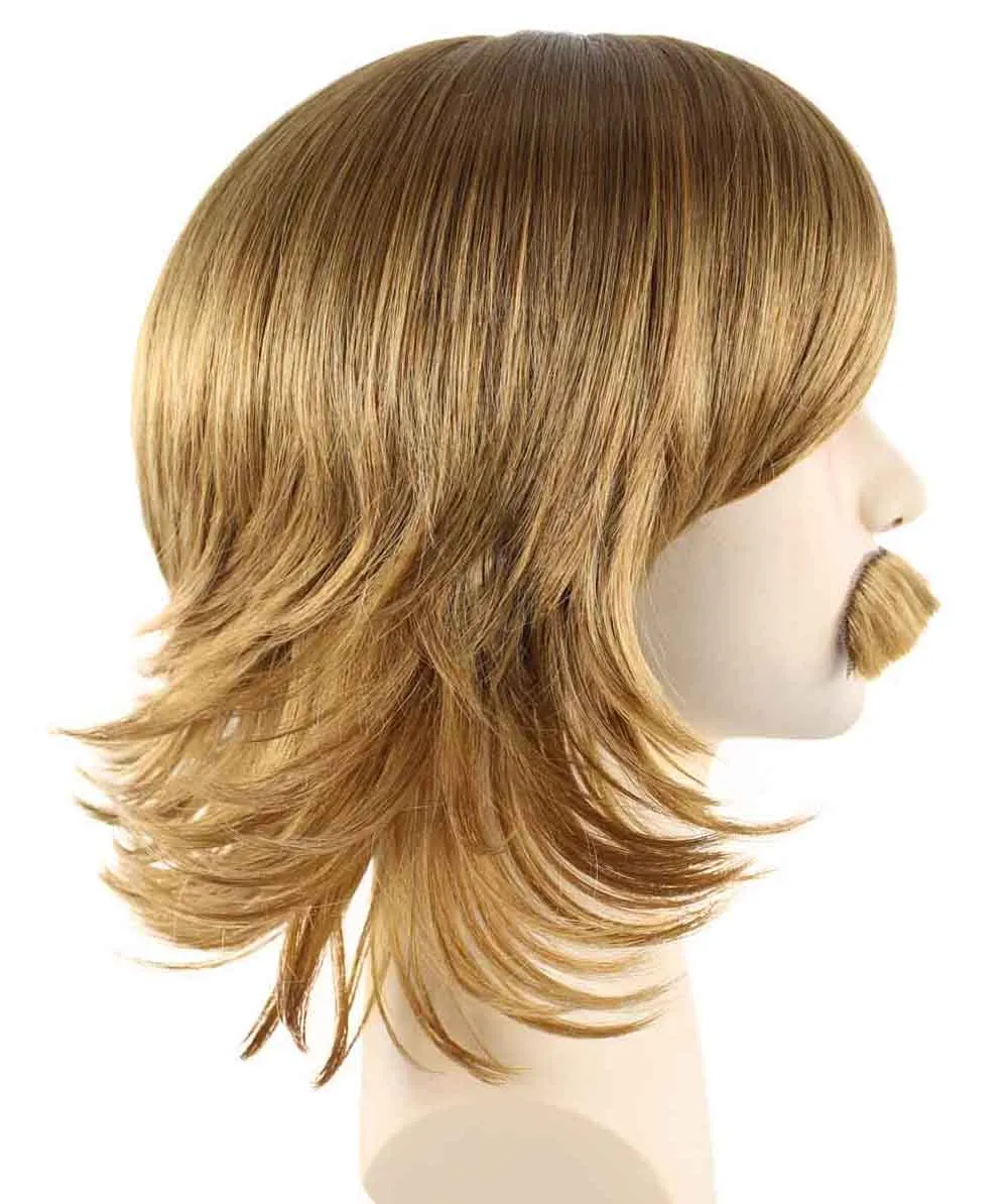 70's Disco Mens Wig & Mustache | Gold Retro Wig | Premium Breathable Capless Cap