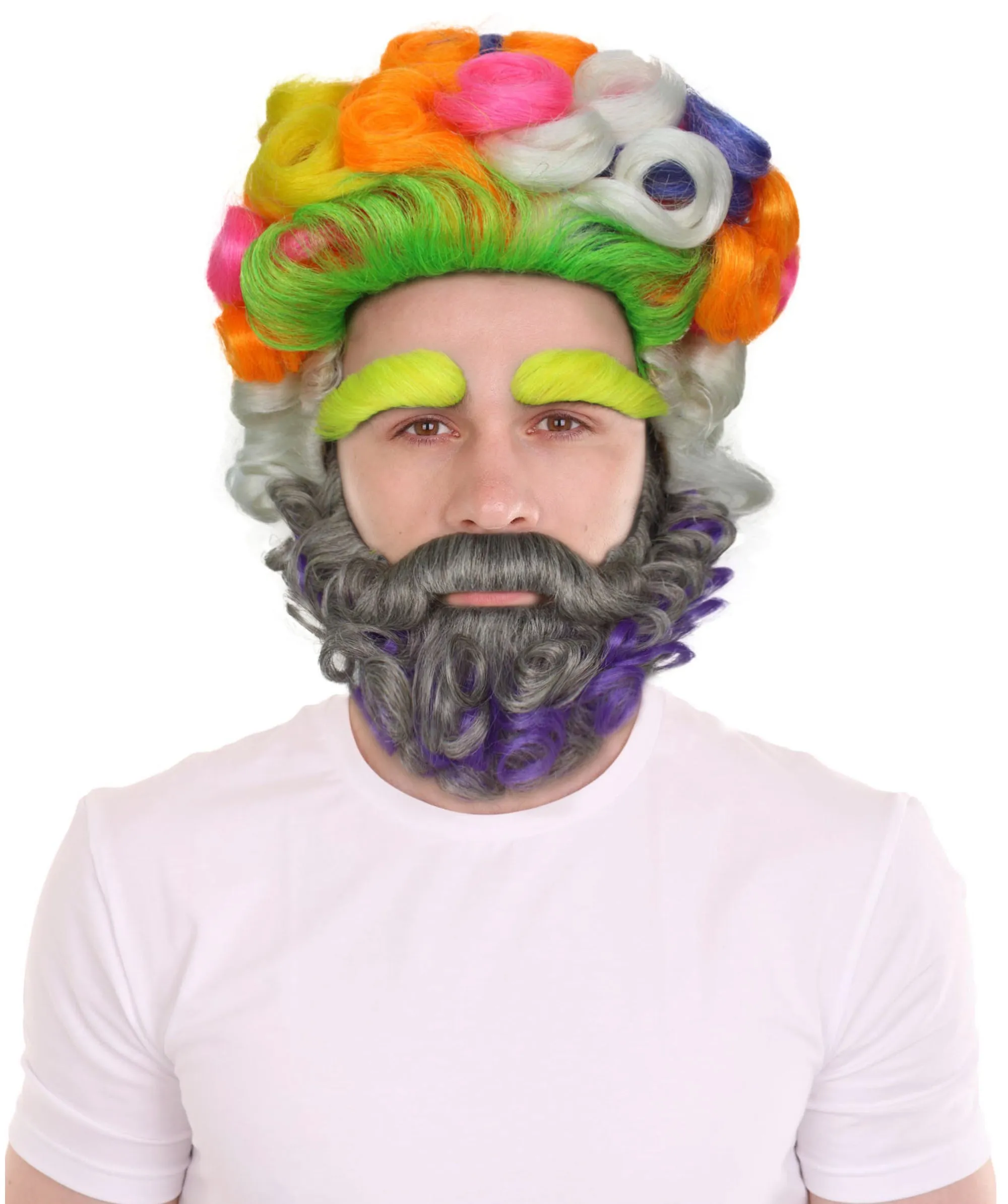 Adult Men's Colorful Afro Wig With Beard & Mustache Set | Perfect For Halloween | Flame-Retardant Synthetic Fiber