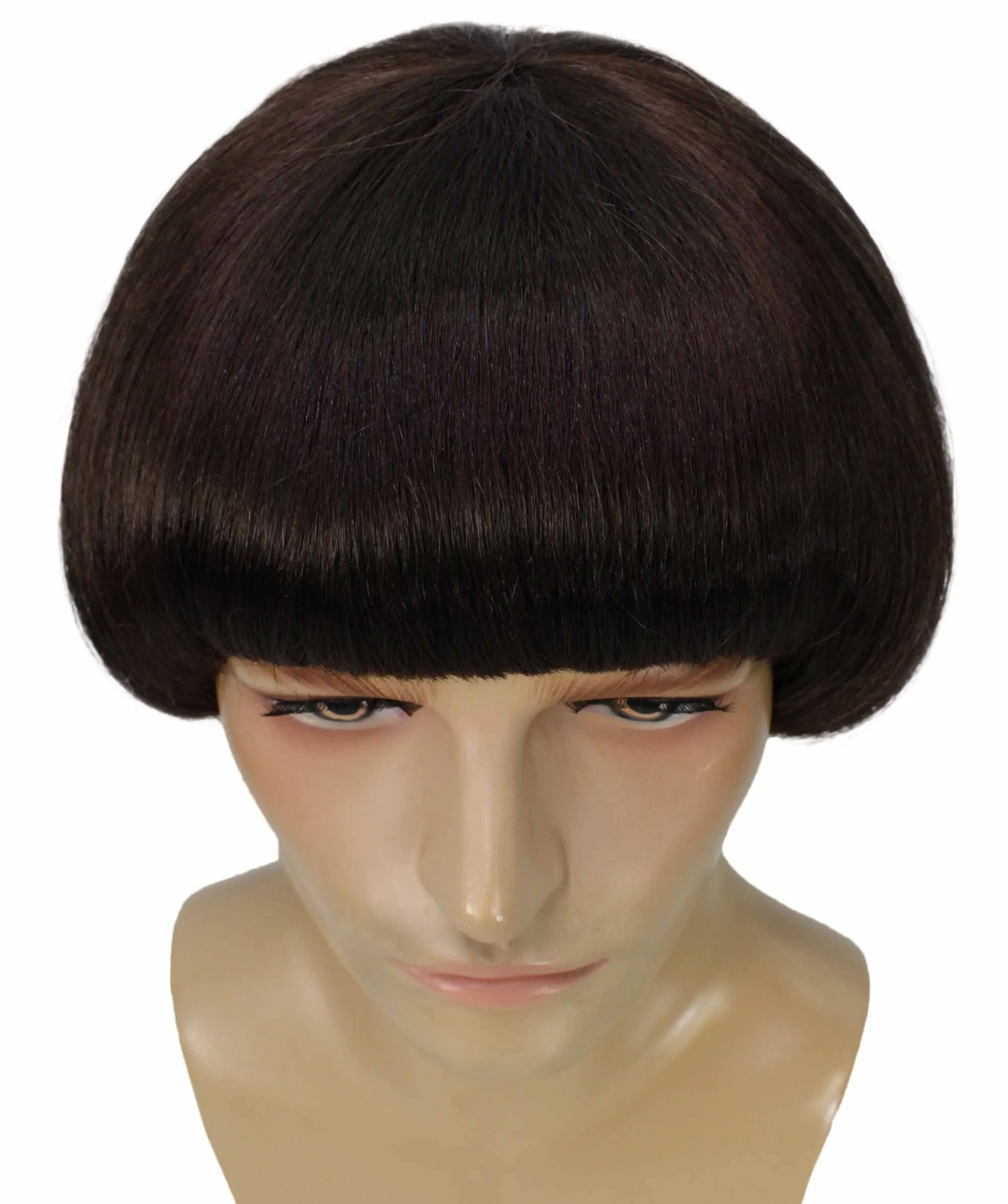 Adult Men's Dark Brown Color Straight Retro Bowl Wig.