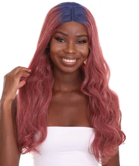 Adult Women's 23" In. Hair Stylist Inspired Wig - Long Length Red Hair with Dark Blue Roots - Lace Front Heat Resistant Fibers | Nunique