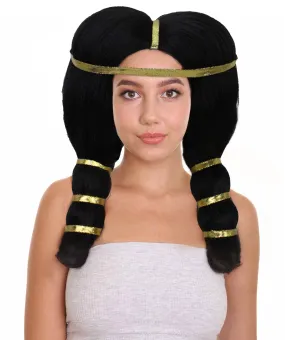 Adult Women's Ancient Egyptian Straight Black Wig with Golden Ornaments, Best for Halloween, Flame-retardant Synthetic Materials