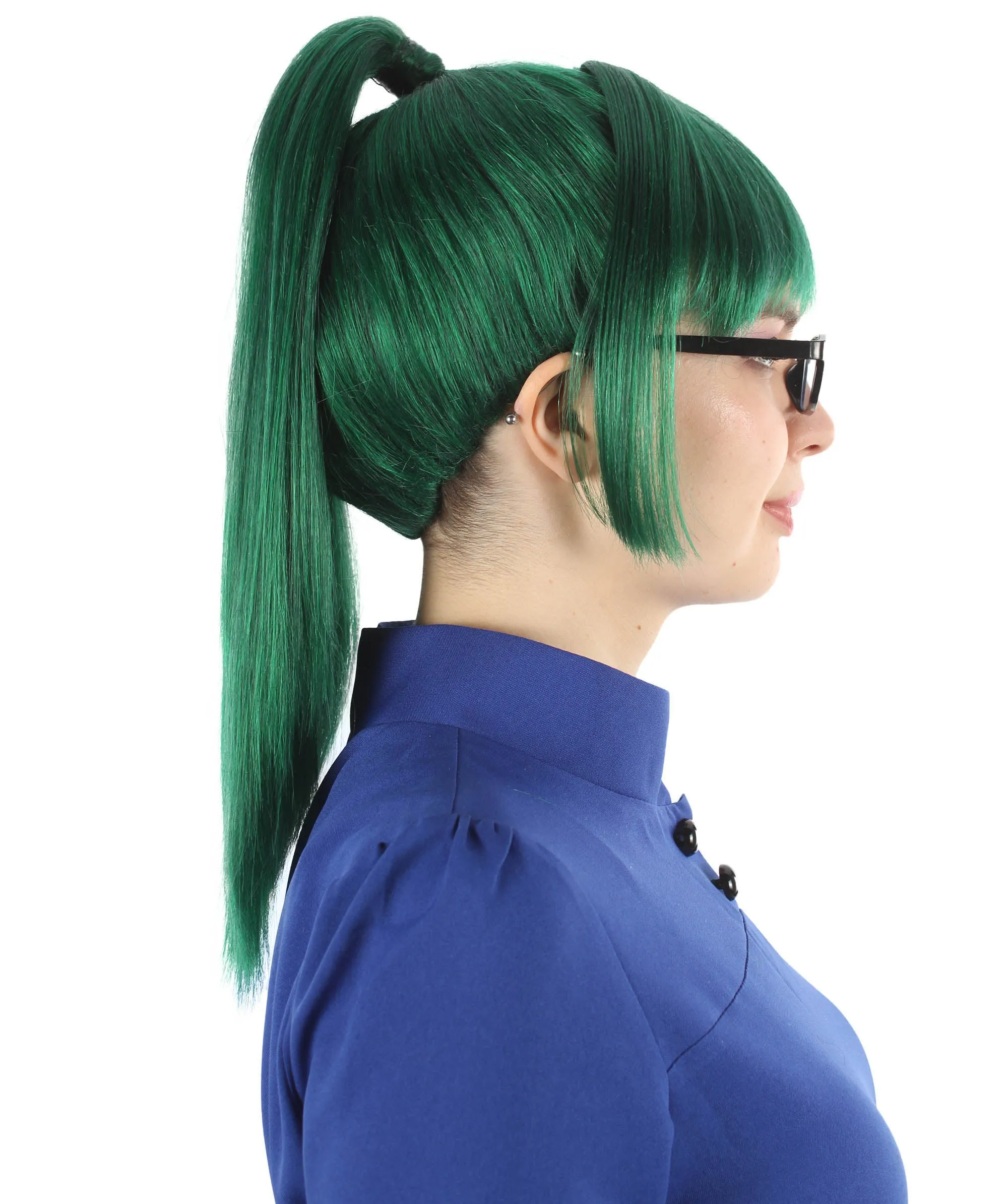 Adult Women’s Anime Dark Green Maki Ponytail Wig with Bangs | Perfect for Halloween and Anime-themed Group Parties | Flame-retardant Synthetic Fiber