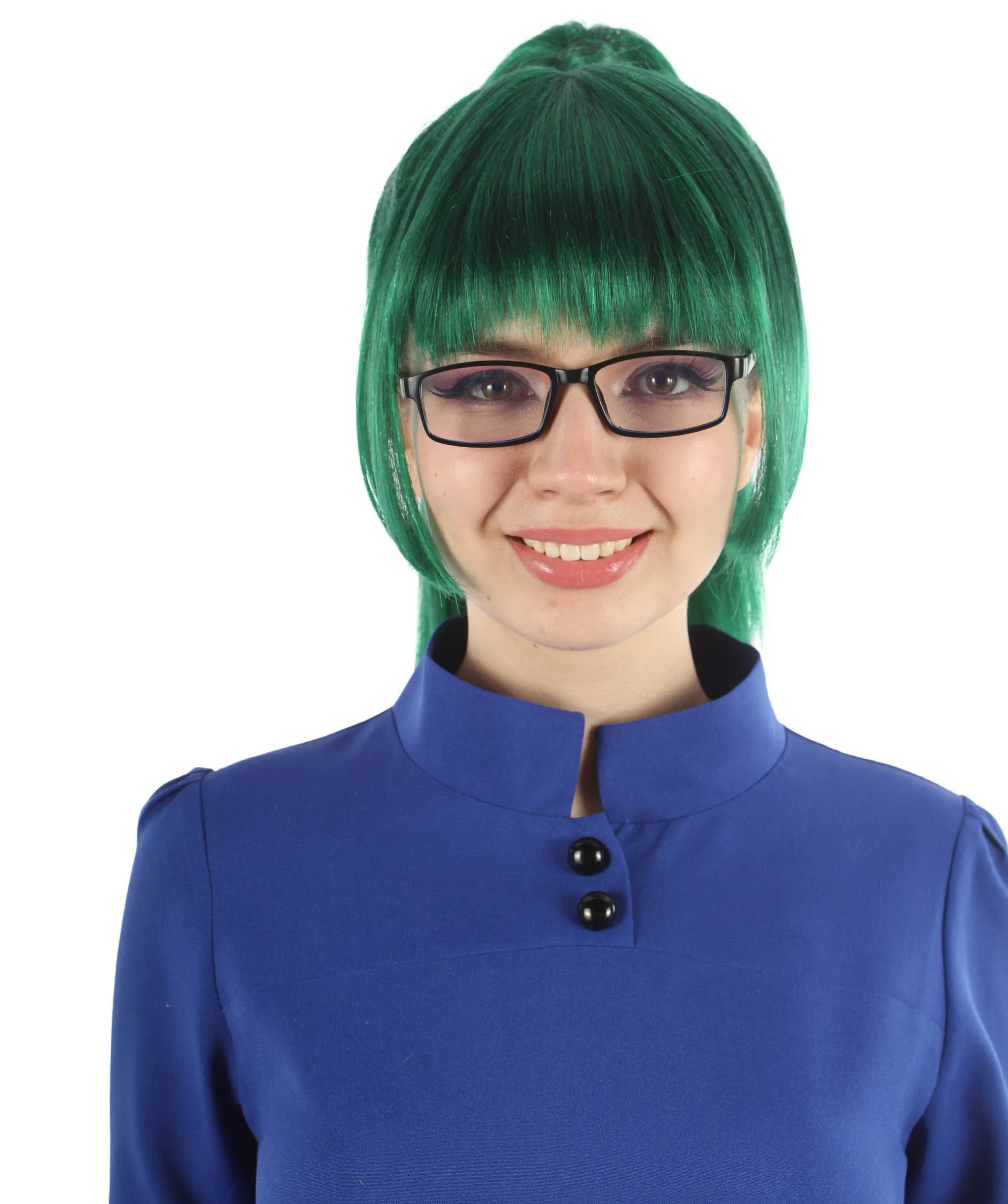 Adult Women’s Anime Dark Green Maki Ponytail Wig with Bangs | Perfect for Halloween and Anime-themed Group Parties | Flame-retardant Synthetic Fiber