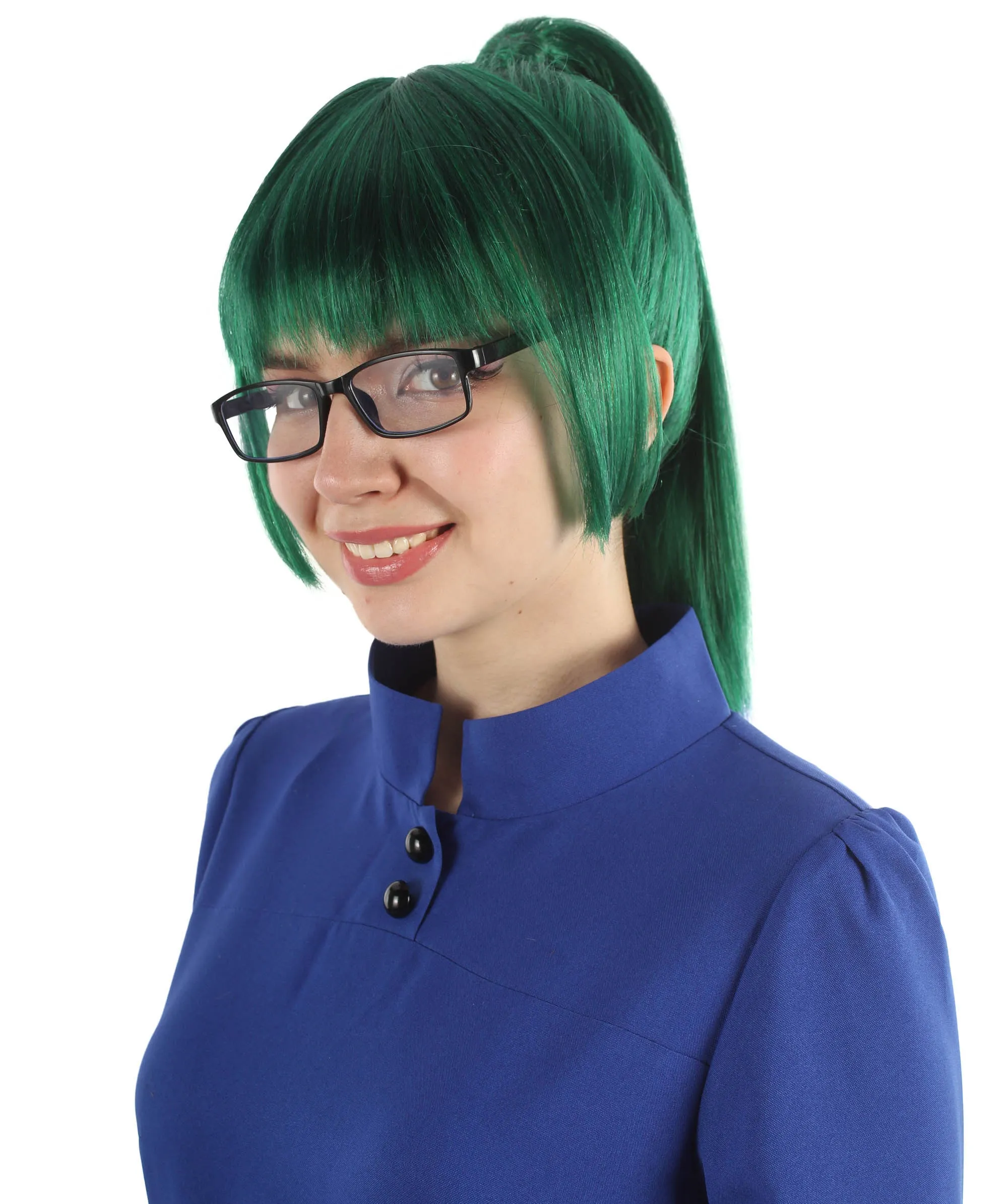 Adult Women’s Anime Dark Green Maki Ponytail Wig with Bangs | Perfect for Halloween and Anime-themed Group Parties | Flame-retardant Synthetic Fiber