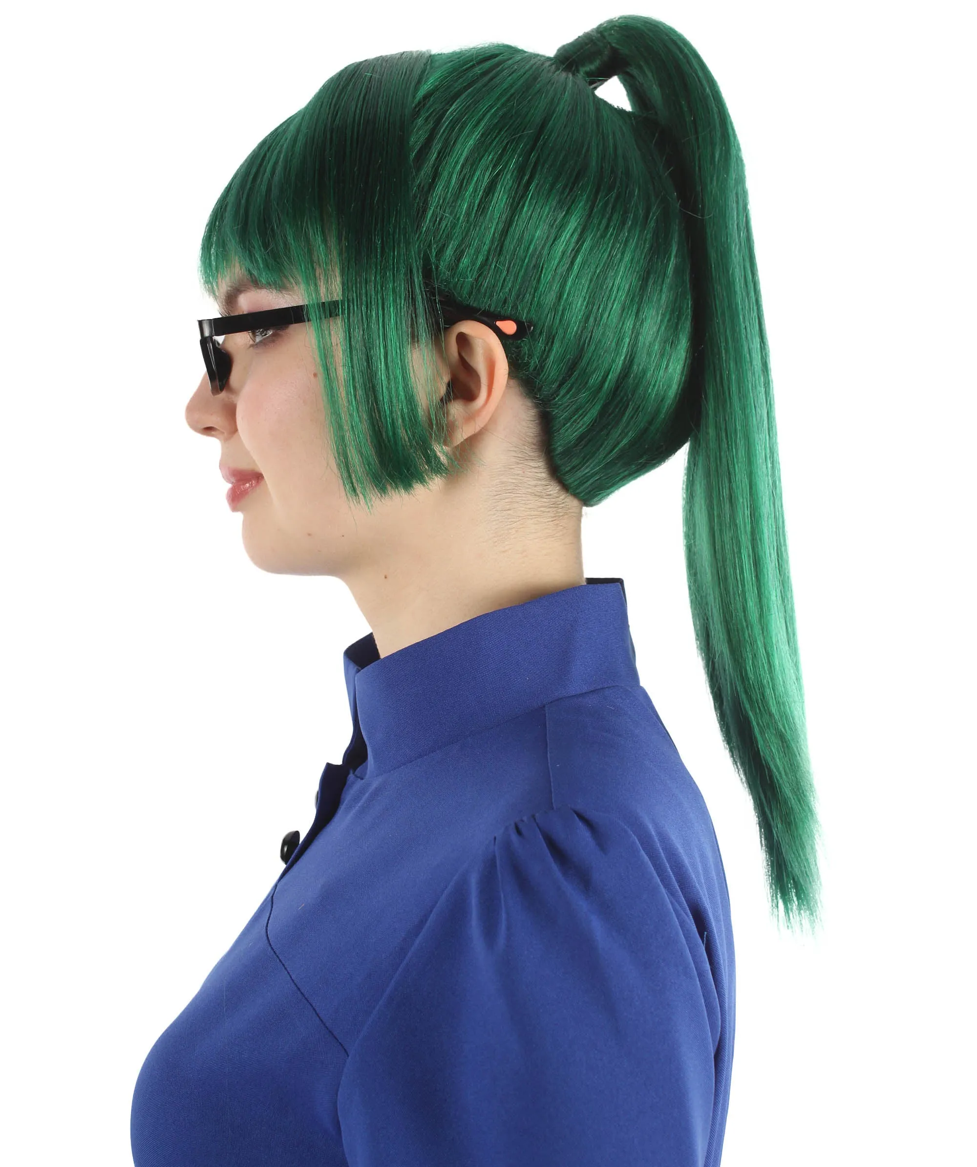 Adult Women’s Anime Dark Green Maki Ponytail Wig with Bangs | Perfect for Halloween and Anime-themed Group Parties | Flame-retardant Synthetic Fiber