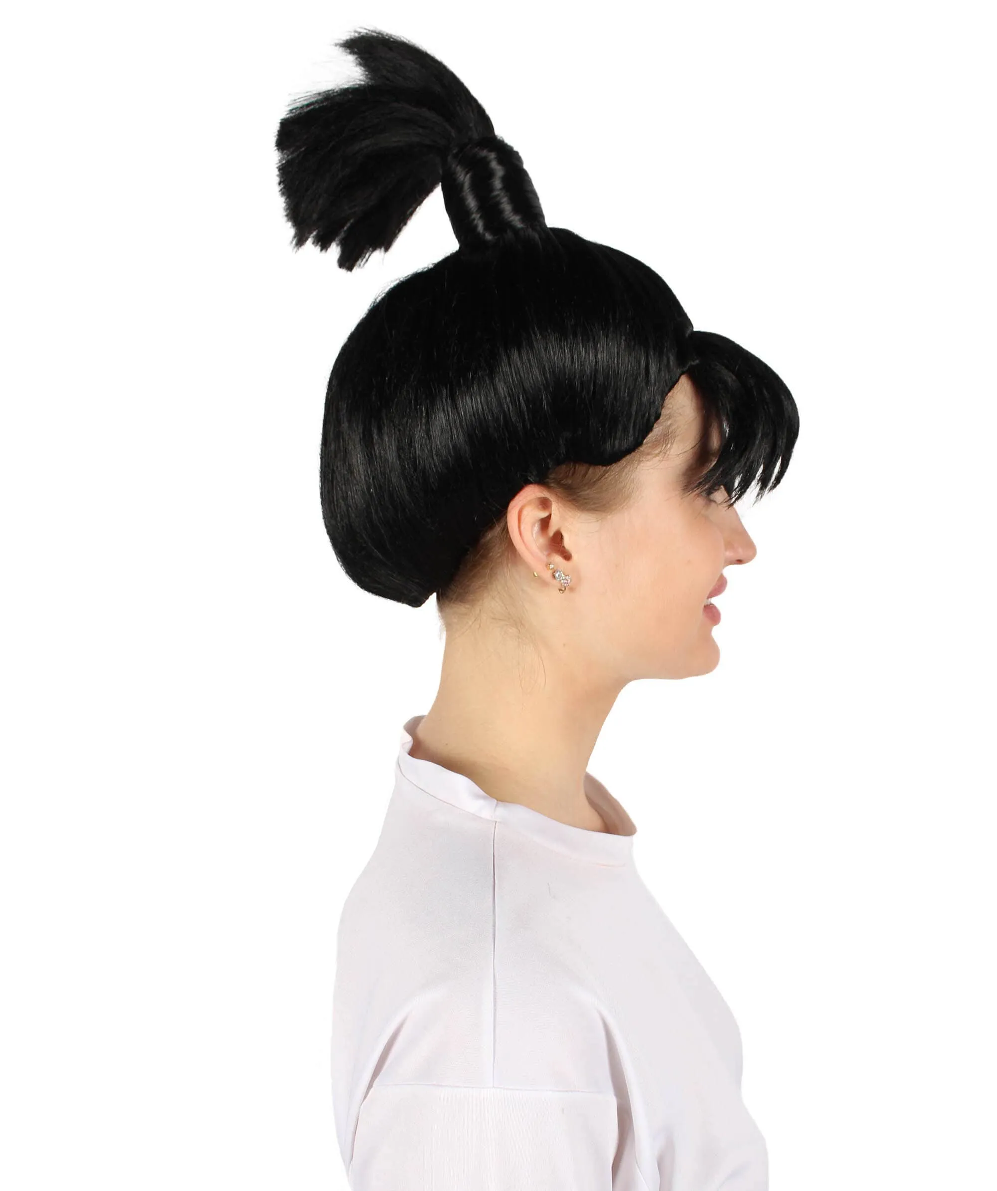 Adult Women’s Anime Manga Black Wig with a Tied Knot | Non-flammable Synthetic Fiber Wig