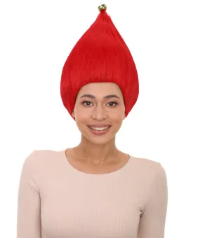 Adult Women’s Bright Red Santa's Sidekick Wig with Bell | Christmas Wigs | Premium Breathable Capless Cap