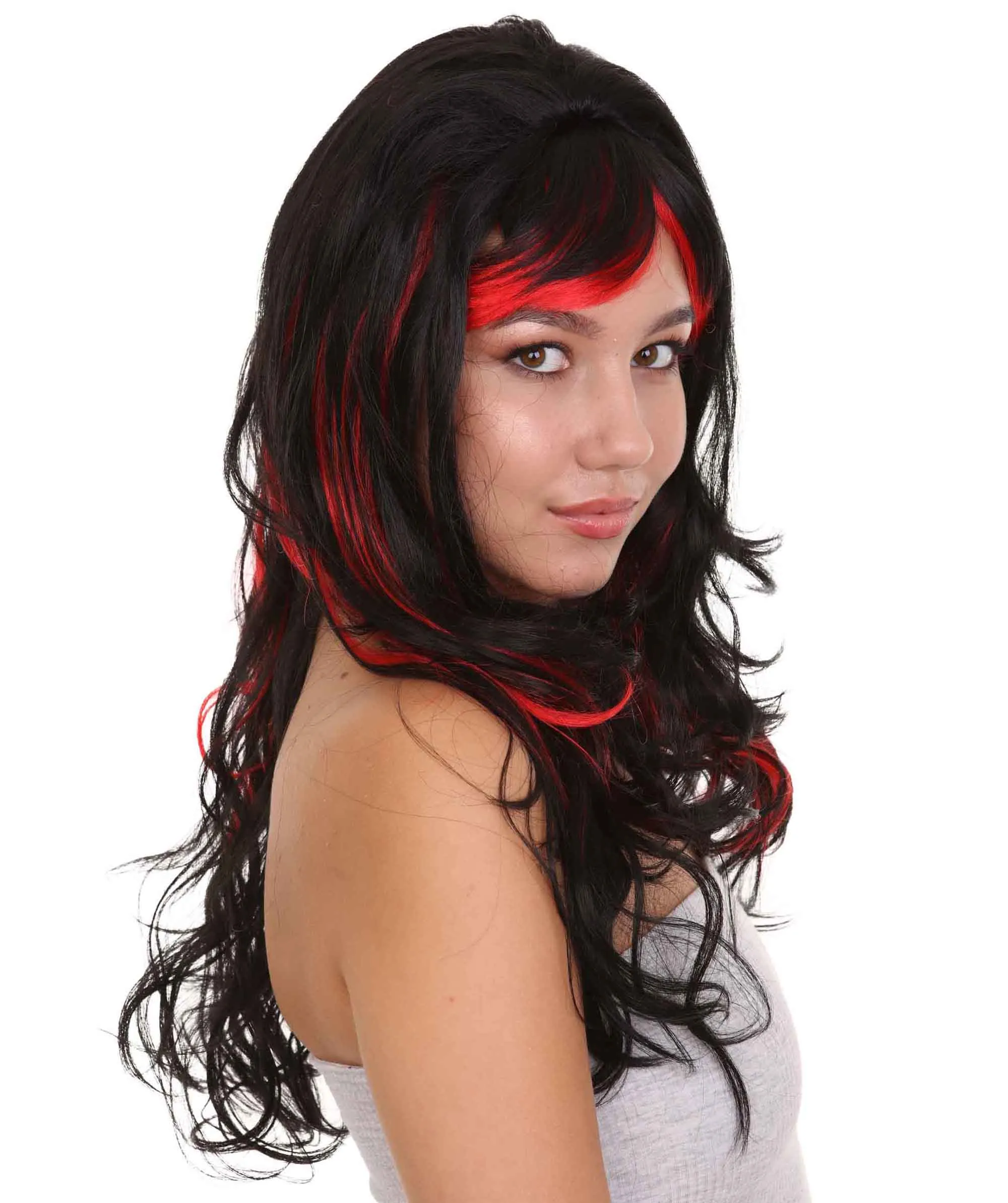 Black & Red Seduction Womens Wig | Long Curly Fashion Cosplay Halloween Wig | Premium Breathable Capless Cap