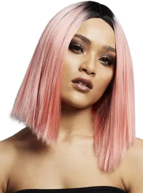 Blunt Cut Womens Coral Pink Bob Wig with Dark Roots