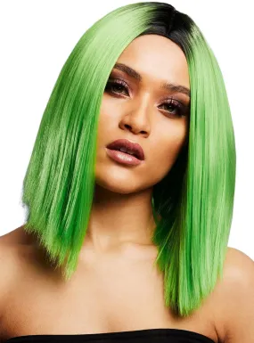 Blunt Cut Womens Lime Green Bob Wig with Dark Roots