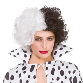 Dalmatian Cruel Lady Wig Black White Permed Hair Fancy Dress