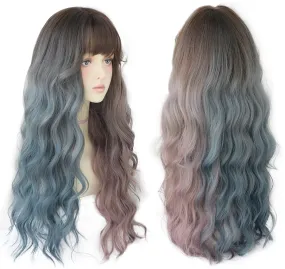 Deep Wave Long Hair Omber Blue Red Black Wigs For Women Colored Heat Resistant Hair Lolita Wigs With Bangs Wholesale