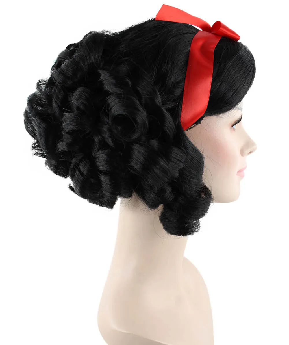 Fairytale Womens Wig | Black Short Cosplay Halloween Wig With Red Ribbon | Premium Breathable Capless Cap