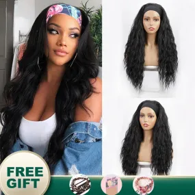 Headband Wig  Water Wavy Wig Synthetic Body Wavy Wig Scarf Wig Glueless  Full Wig Color Black Wavy Wigs