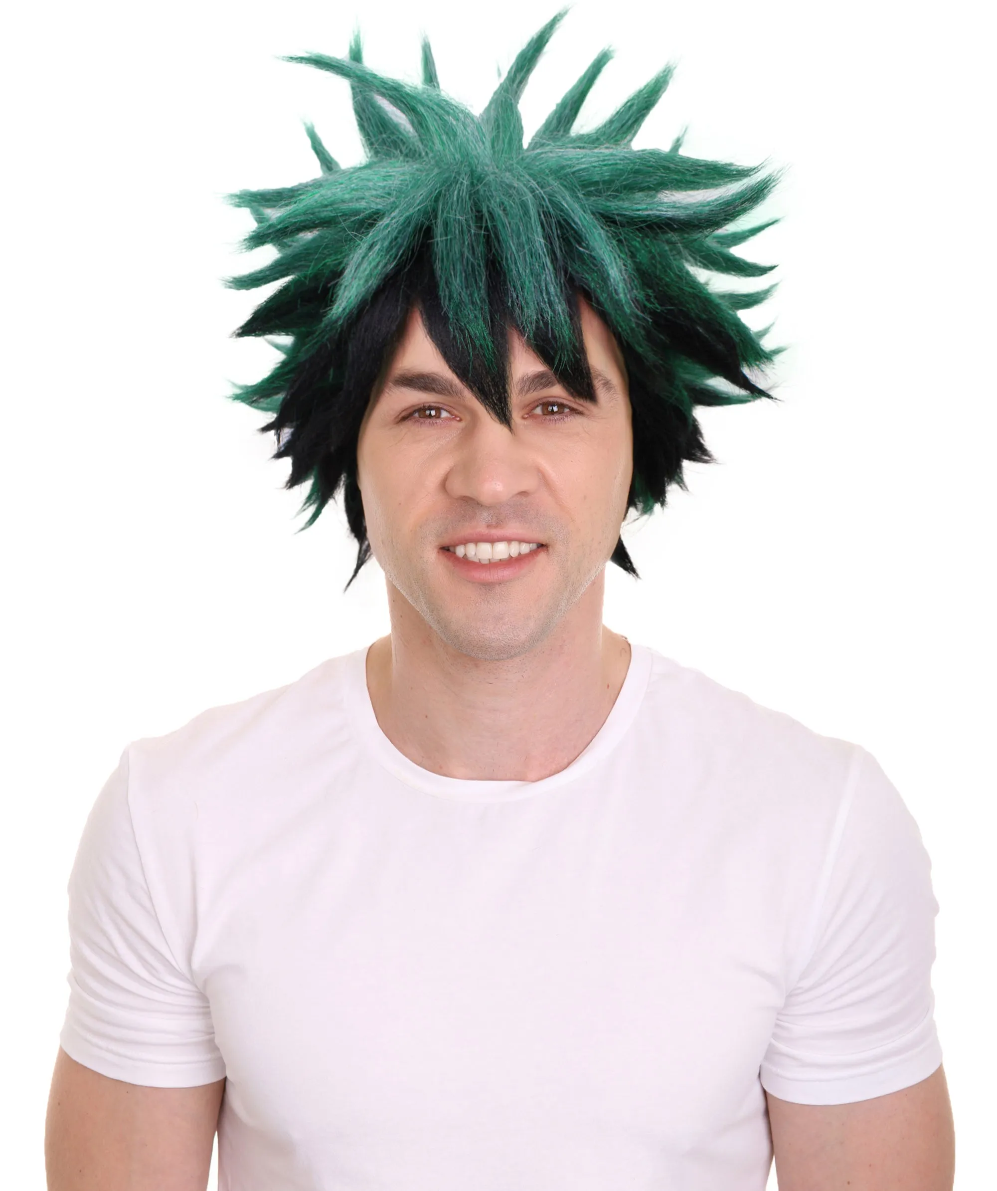 HPO Adult Men's Japanese Superhero Manga Dark-green Spiked Wig