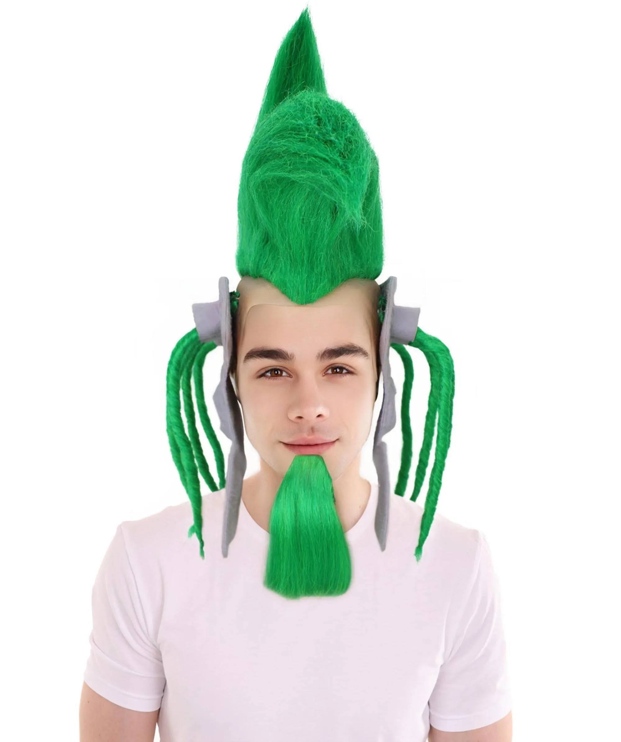 HPO Adult Men's Musical Video Game Antagonist Green Spiky Wig, Suitable for Halloween, Flame-retardant Synthetic Fiber