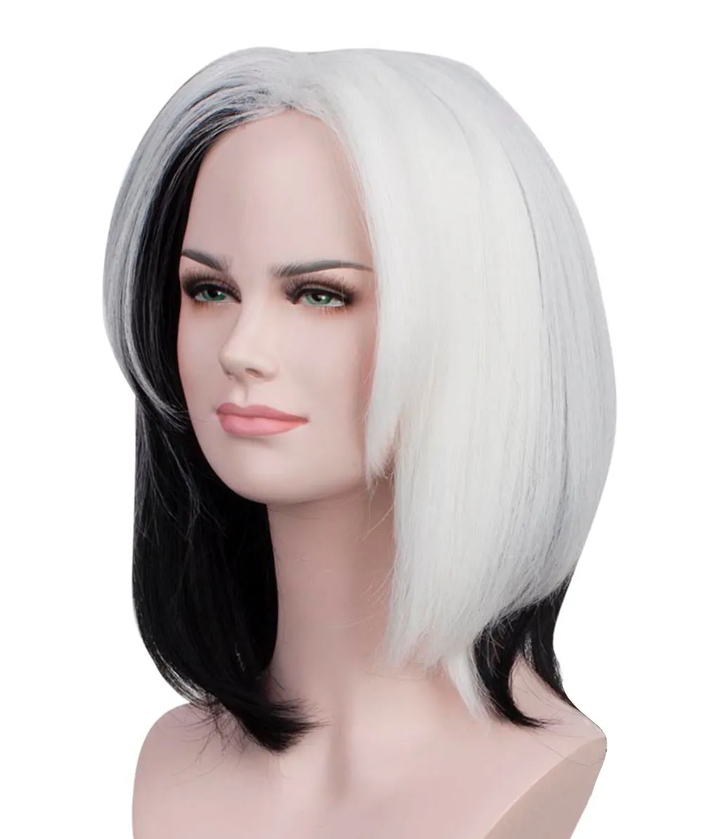 HPO Adult Women's Black & White Spot Wig, Perfect for Halloween, Flame-retardant Synthetic Fiber