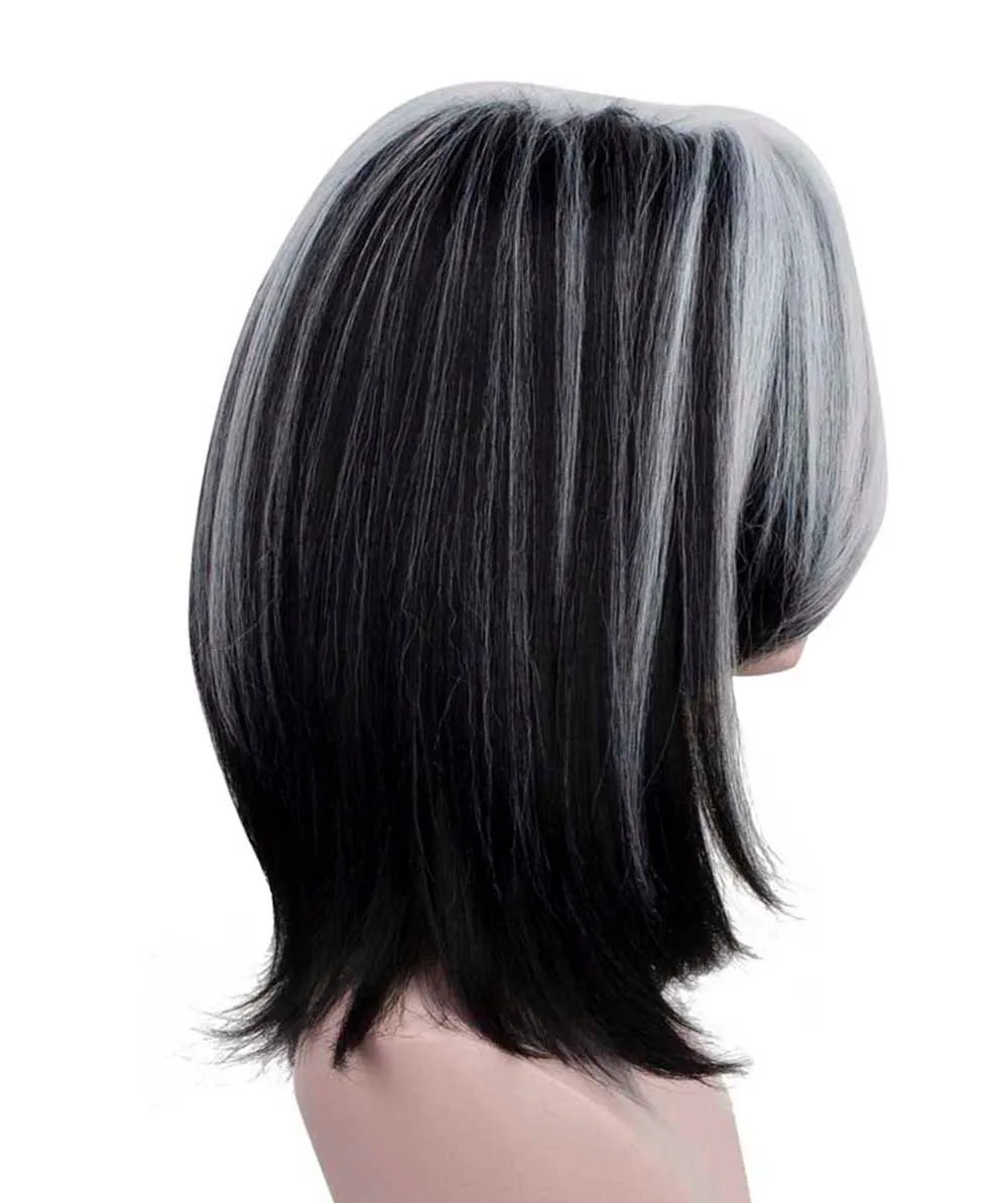 HPO Adult Women's Black & White Spot Wig, Perfect for Halloween, Flame-retardant Synthetic Fiber