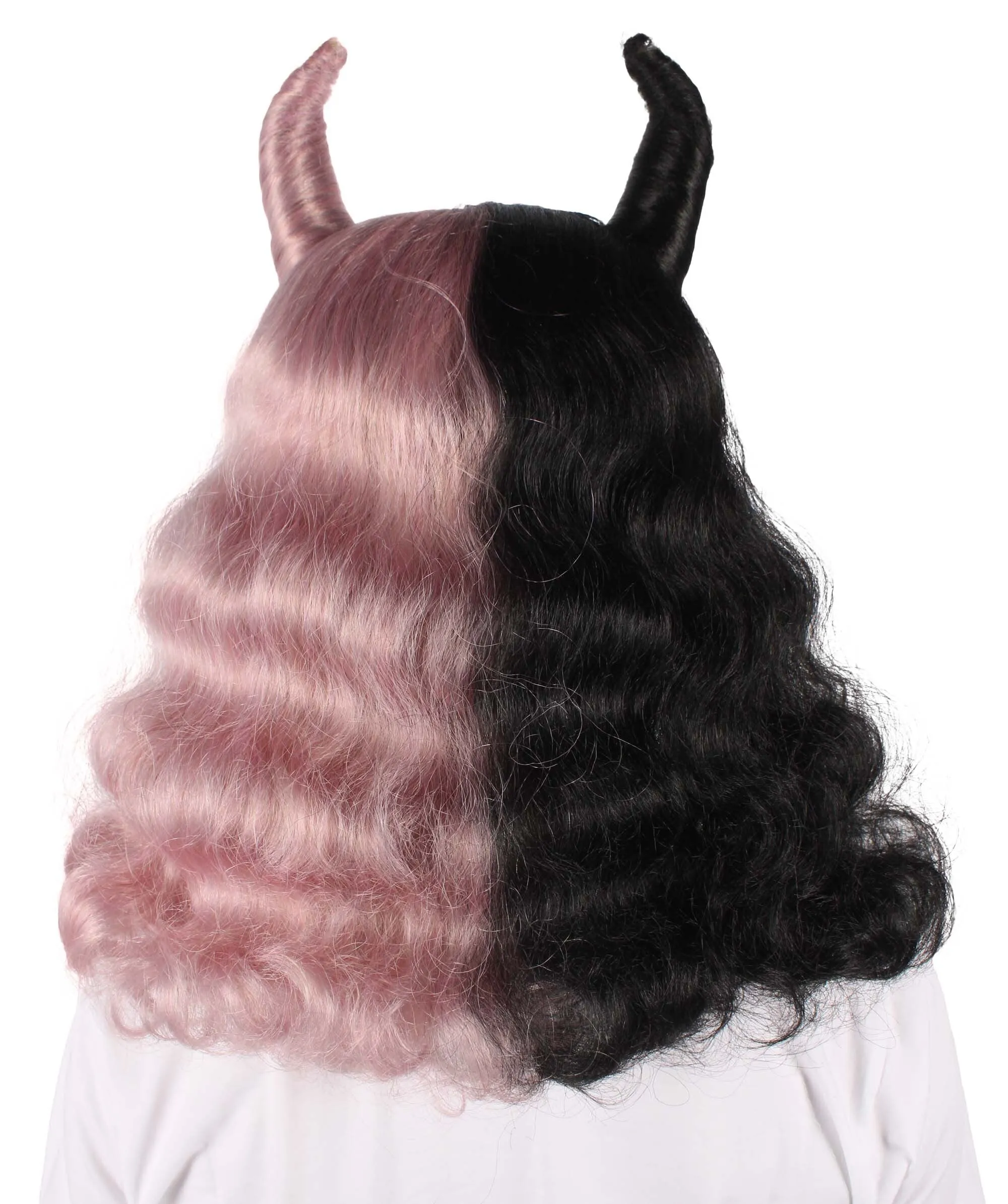HPO Adult Women’s Double-toned Ghostly Black and Pink Wig with Horns I Capless Cap Design I Flame-retardant Synthetic Fiber
