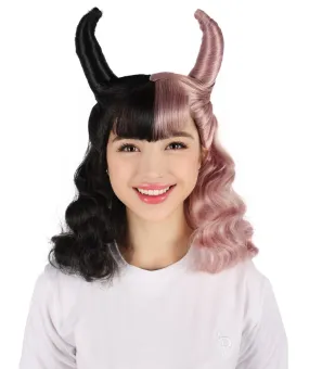 HPO Adult Women’s Double-toned Ghostly Black and Pink Wig with Horns I Capless Cap Design I Flame-retardant Synthetic Fiber