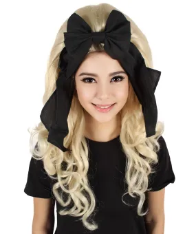 HPO Adult Women’s English Drag Queen Blonde Wig with Black Hair Bow |  Capless Cap Design | Flame-retardant Synthetic Fiber