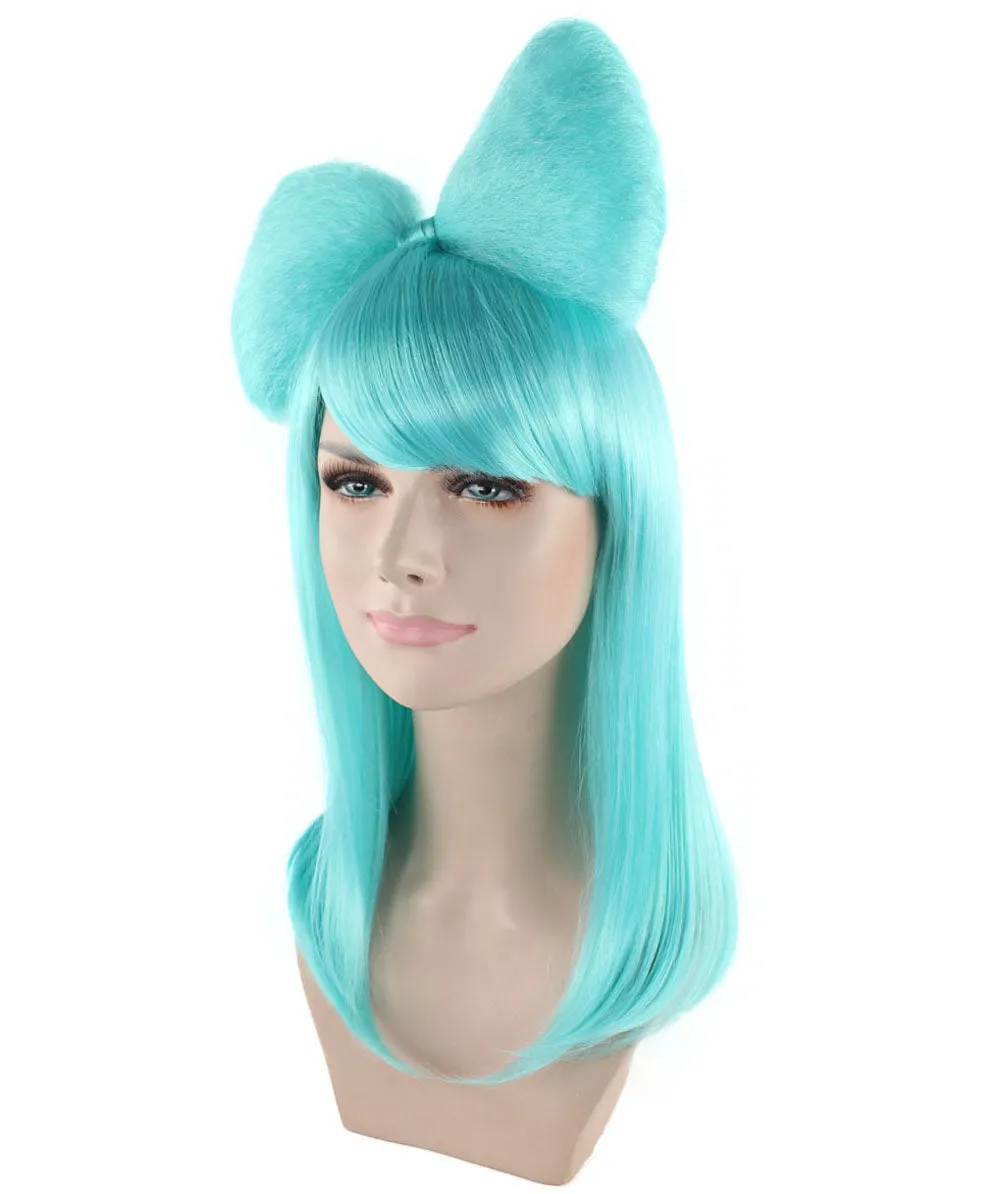 Long Butterfly Teal Color Wig Collection with Large Hair Bow, Premium Breathable Capless Cap Design