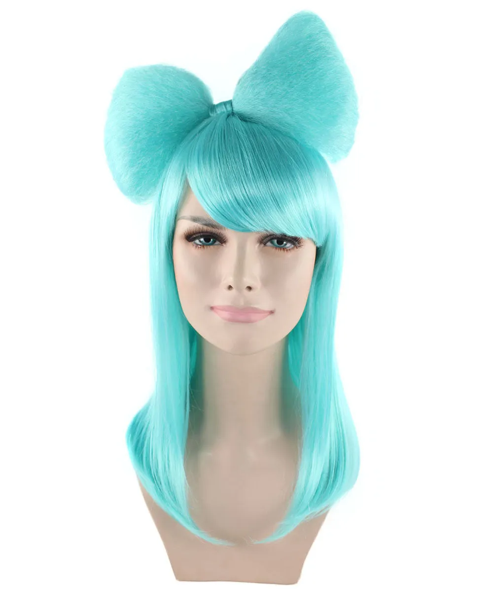 Long Butterfly Teal Color Wig Collection with Large Hair Bow, Premium Breathable Capless Cap Design