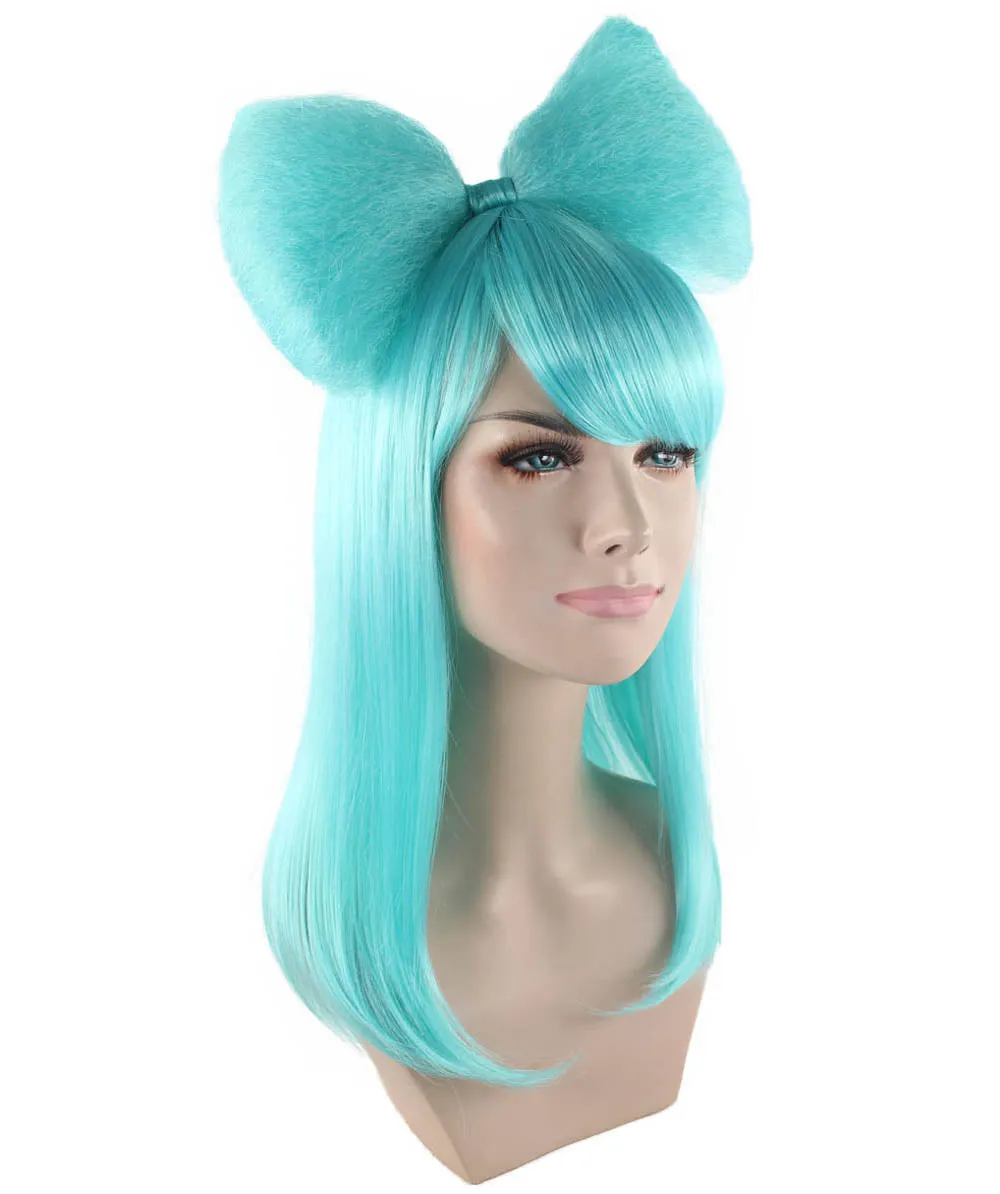 Long Butterfly Teal Color Wig Collection with Large Hair Bow, Premium Breathable Capless Cap Design