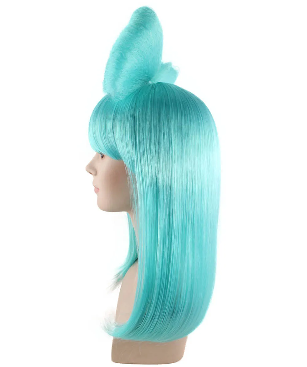 Long Butterfly Teal Color Wig Collection with Large Hair Bow, Premium Breathable Capless Cap Design