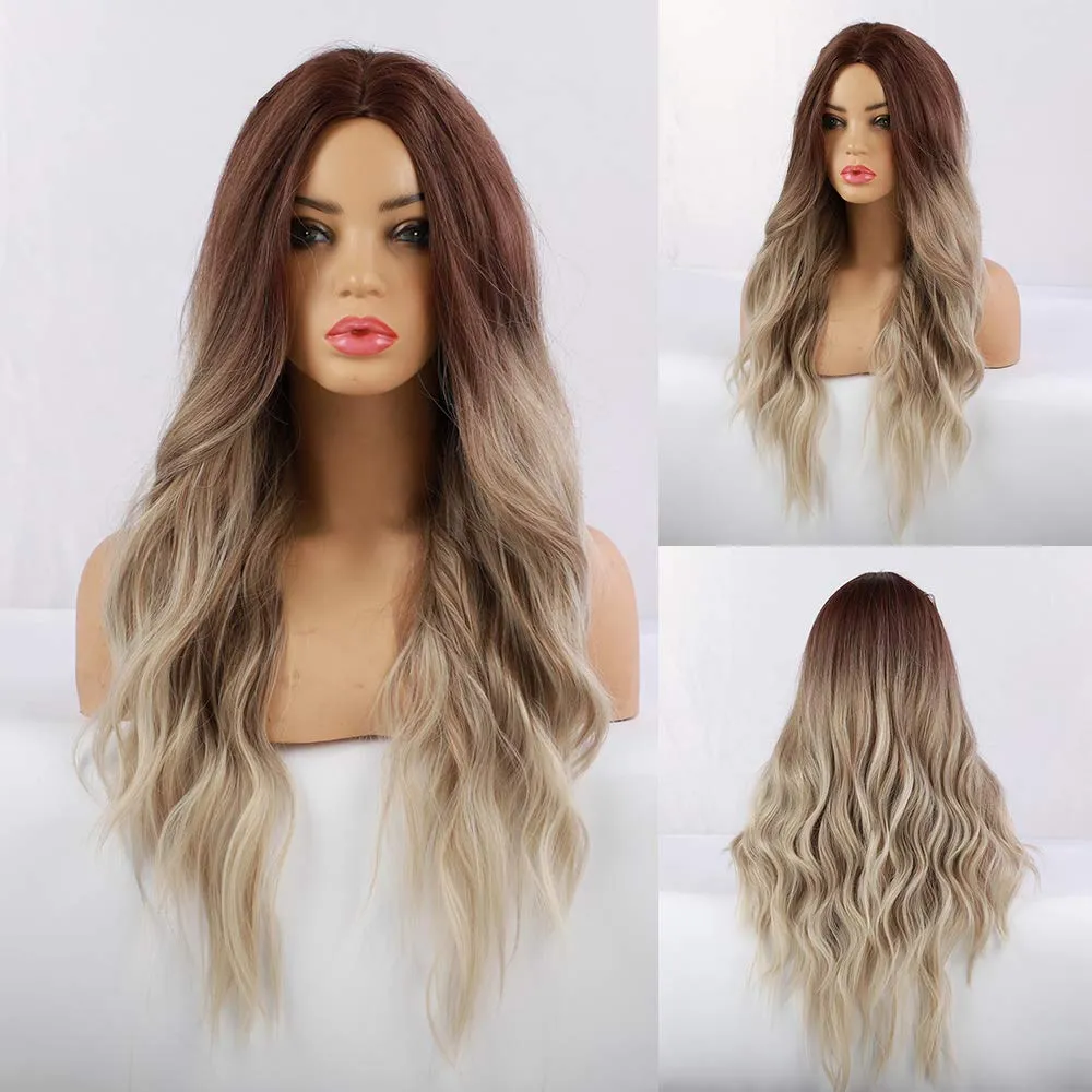 Long Wave Wigs Ombre Brown Mixed Blonde Synthetic Wig Middle Part Natural Heat Resistant Wig for Black Women