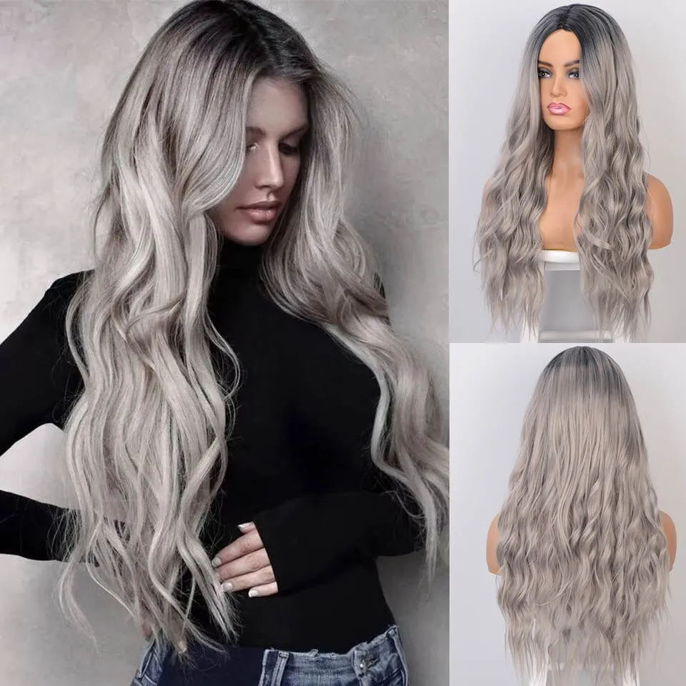 Long Wave Wigs Ombre Brown Mixed Blonde Synthetic Wig Middle Part Natural Heat Resistant Wig for Black Women