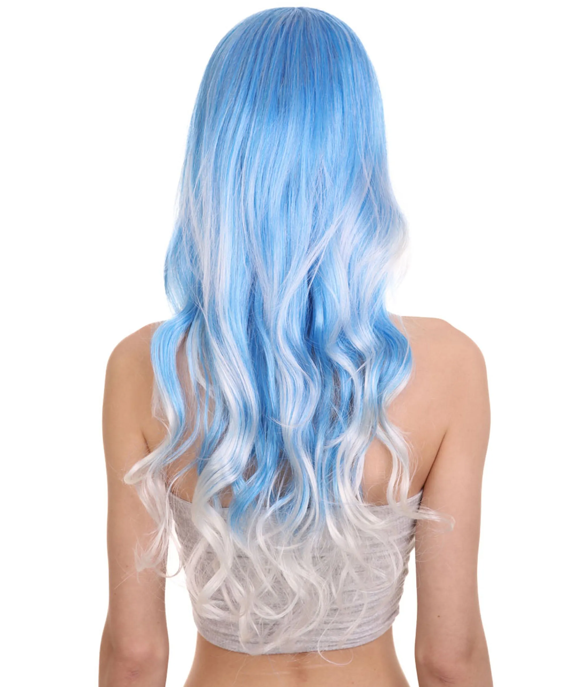 Long Wavy Blue and White Ombre Womens Wig | Fancy Party Event Ready Halloween Wig | Premium Breathable Capless Cap