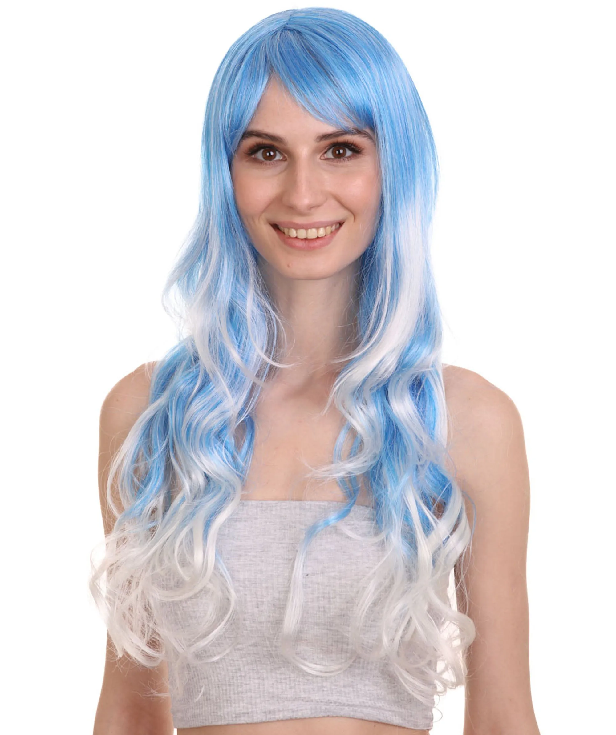 Long Wavy Blue and White Ombre Womens Wig | Fancy Party Event Ready Halloween Wig | Premium Breathable Capless Cap