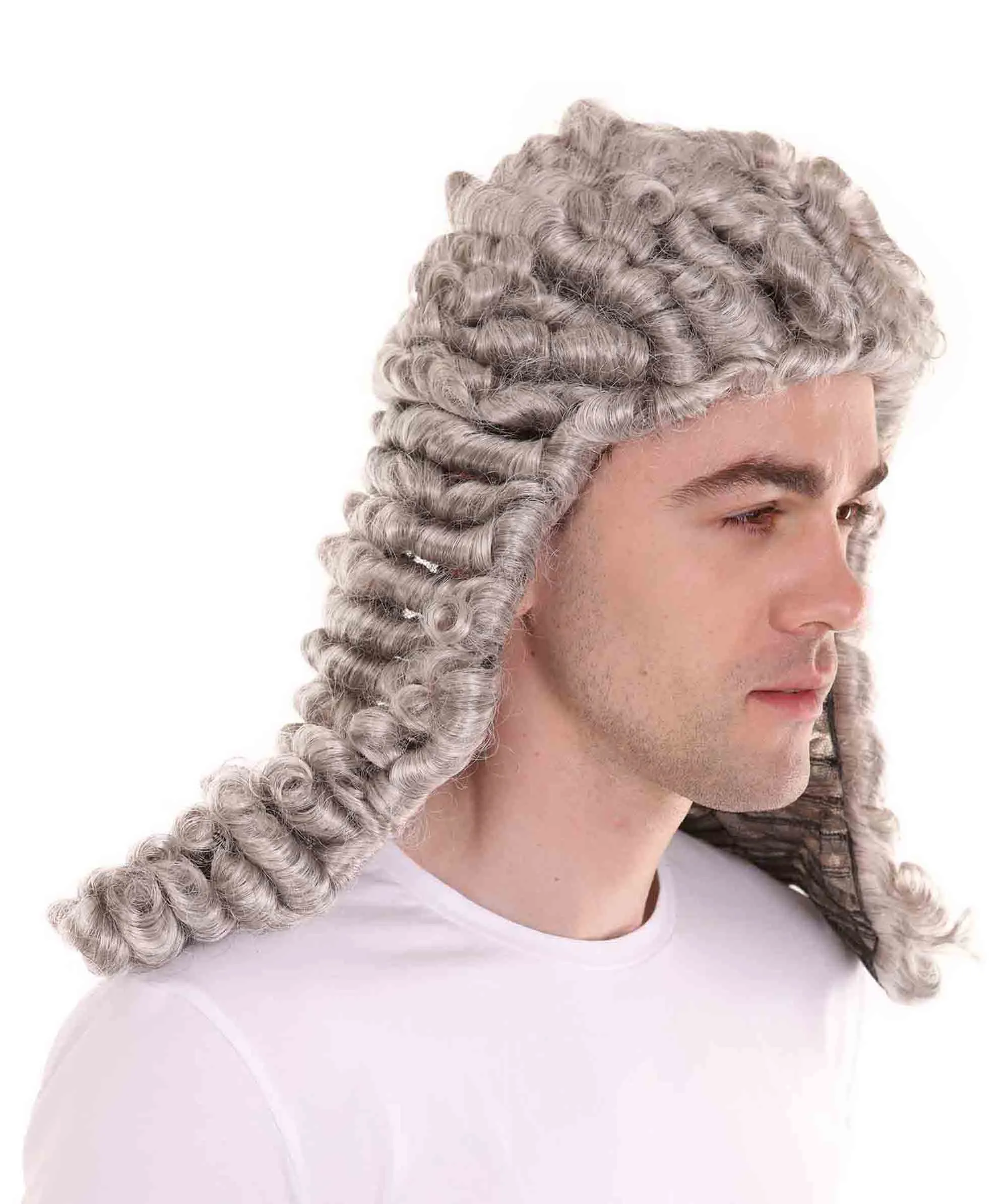 Mens Colonial Curly Grey Historical Judge Wig | Premium Breathable Capless Cap