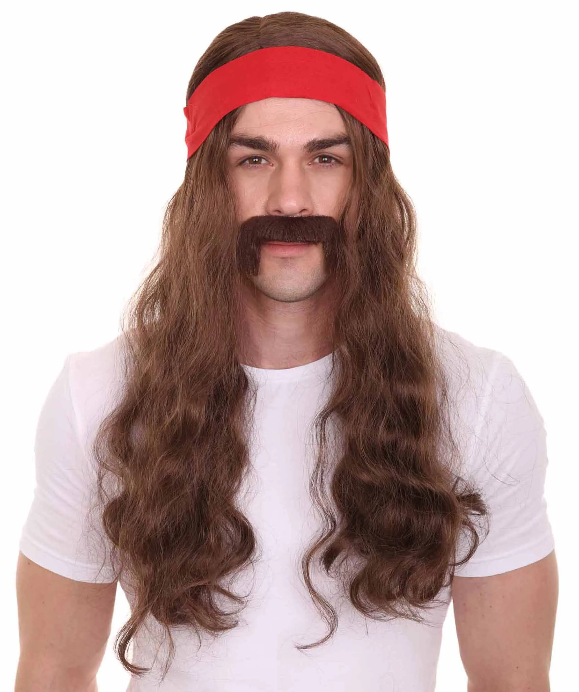 Mens Pirate Wig and Moustache | Brown Long Wig | Premium Breathable Capless Cap