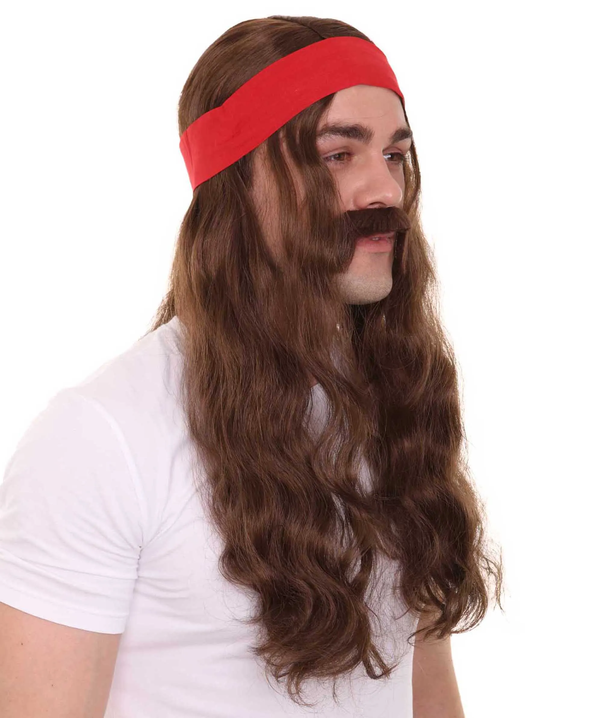 Mens Pirate Wig and Moustache | Brown Long Wig | Premium Breathable Capless Cap