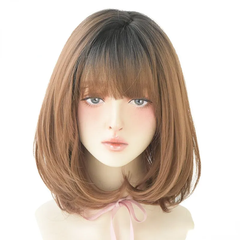 Noble Ombre Brown Ash Short Straight Synthetic Wigs For Women Christmas Cosplay Heat Resistant Hair Glueless Wig