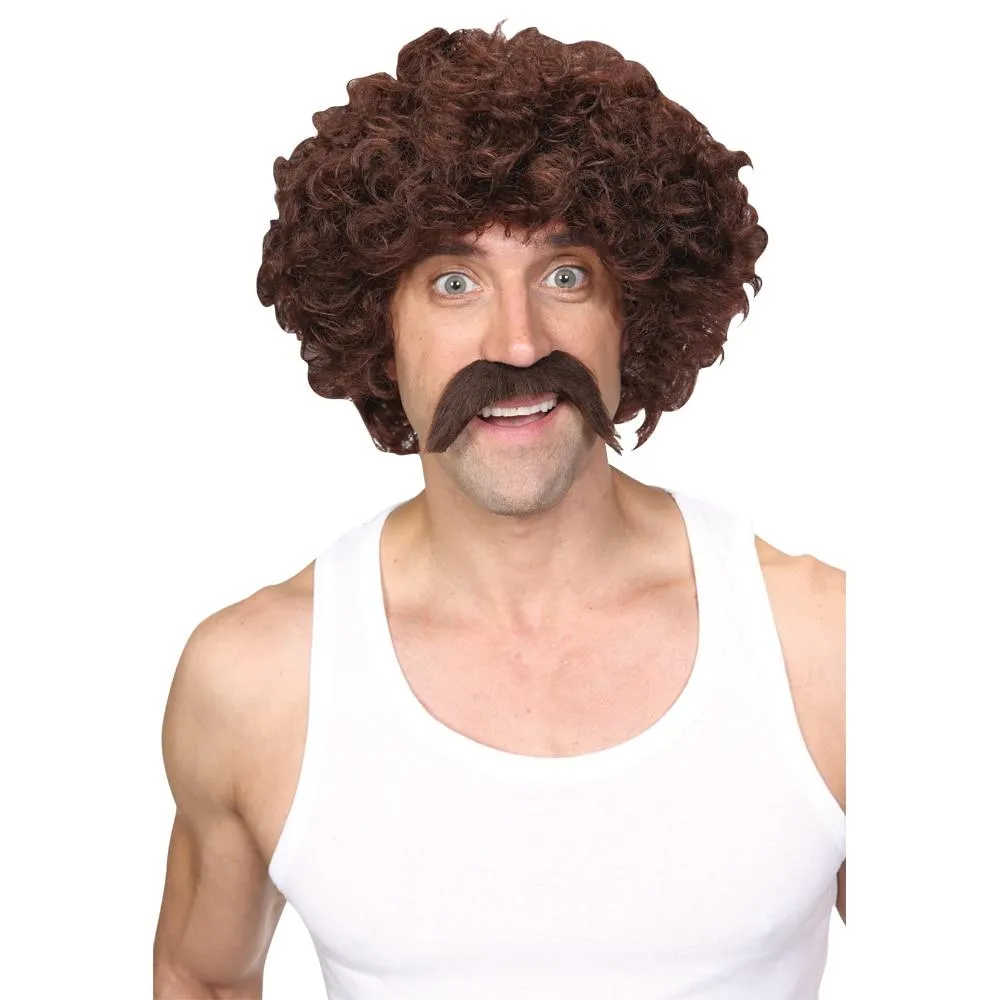 Retro Perm Wig and Moustache Set 118 70s Scouser Fancy Dress