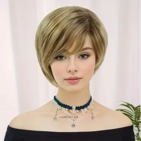 Short Wigs for Women Synthetic Hair Mix Brown Blonde Wig with Bangs Mommy Wigs Old Lady Costume Party Daily Use Cosplay Wigs