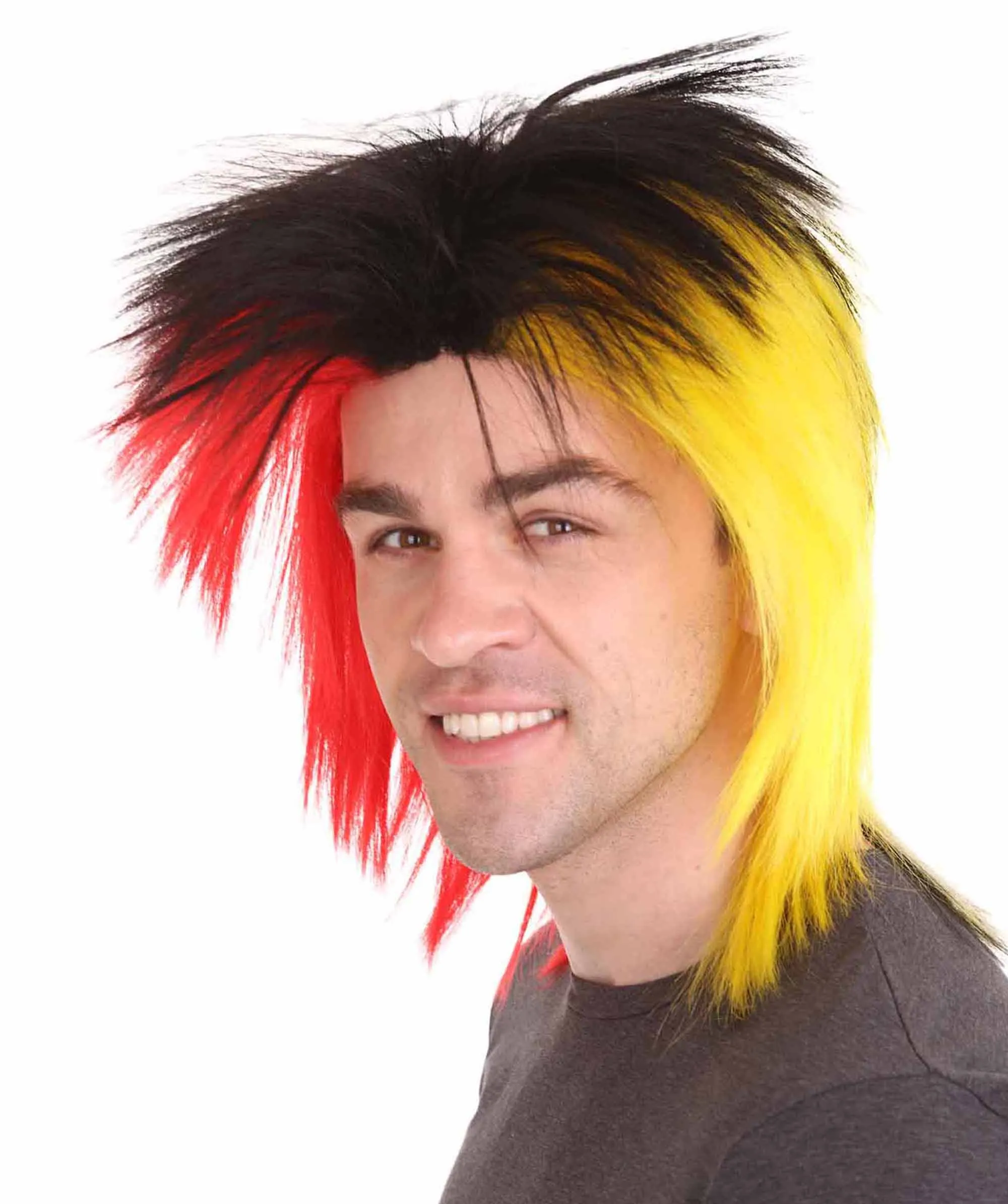 Sport Party 80's Mens Mullet Wig | Red Yellow Black Wig | Premium Breathable Capless Cap