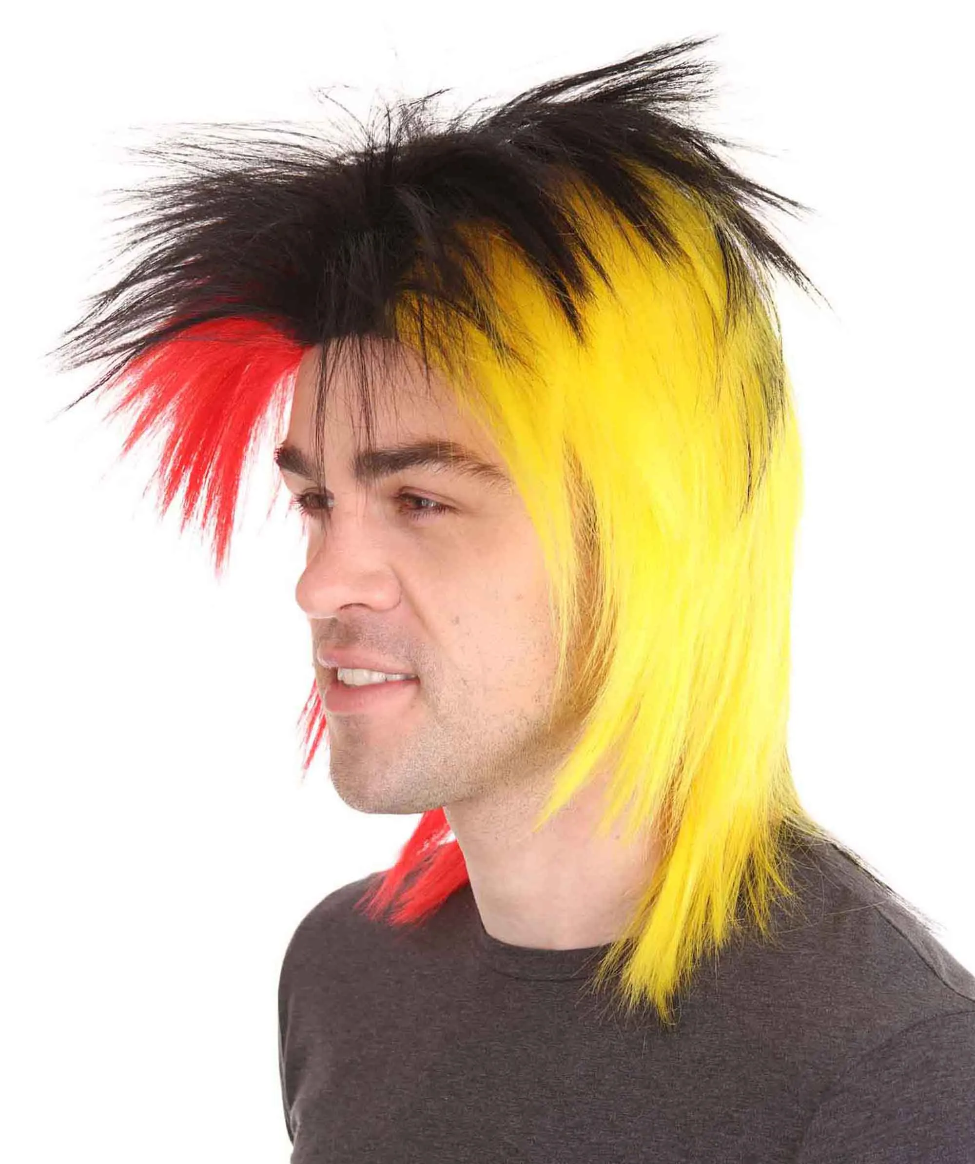 Sport Party 80's Mens Mullet Wig | Red Yellow Black Wig | Premium Breathable Capless Cap