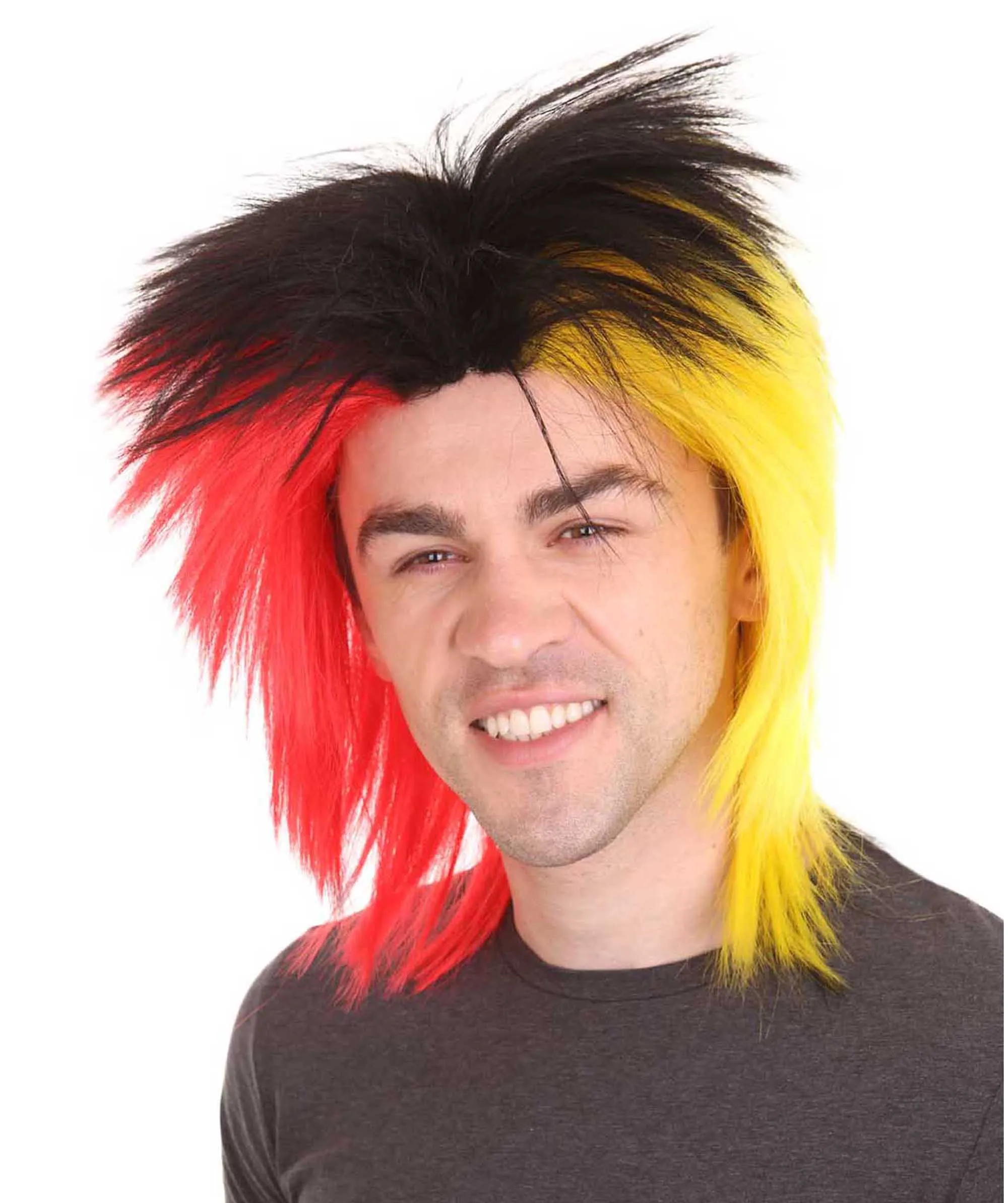 Sport Party 80's Mens Mullet Wig | Red Yellow Black Wig | Premium Breathable Capless Cap