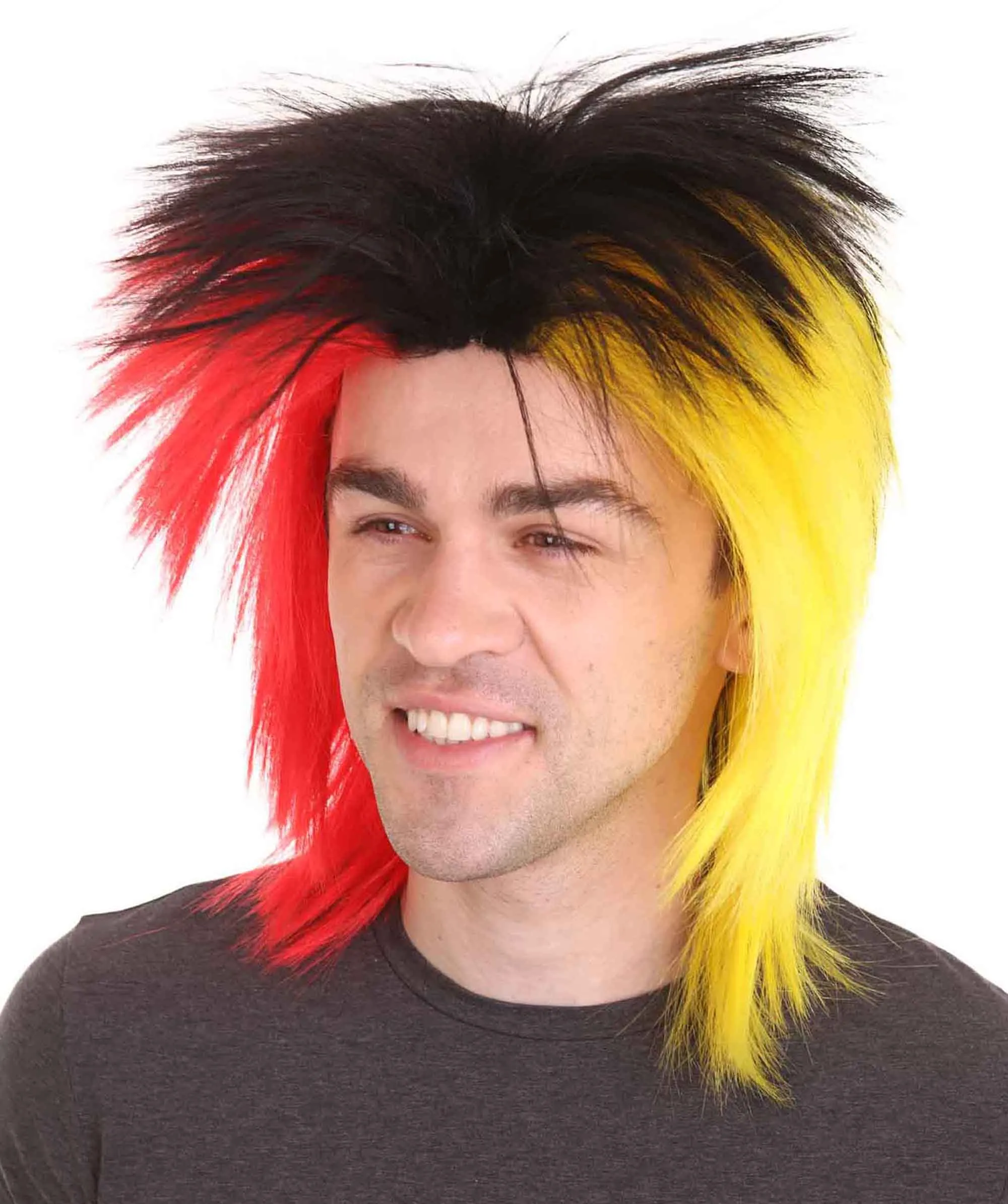 Sport Party 80's Mens Mullet Wig | Red Yellow Black Wig | Premium Breathable Capless Cap