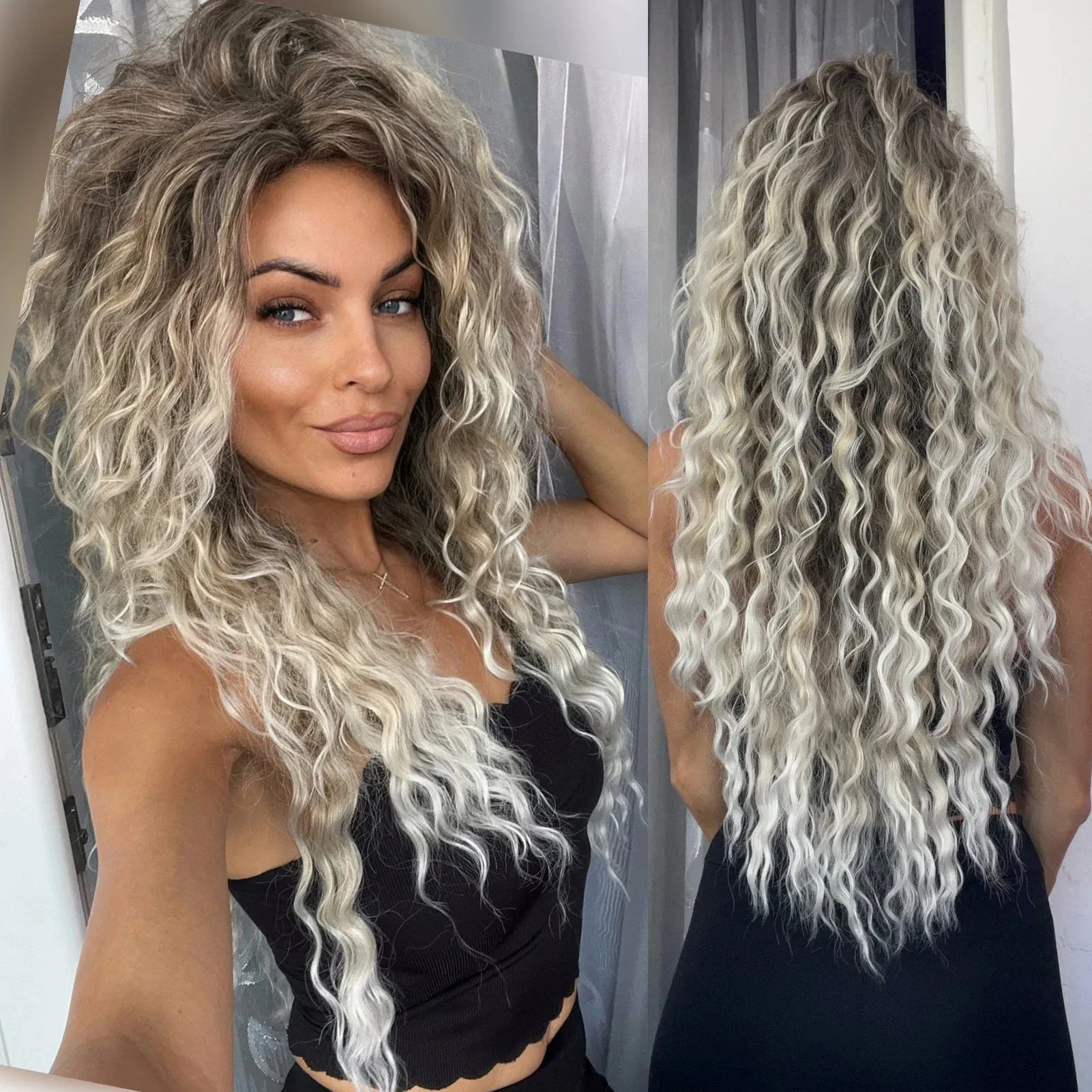 Synthetic Long Curly Wigs for White Women Ash Blonde Wig Natural Large Volume Wig Fluffy Hairstyle Costume Wedding Wig